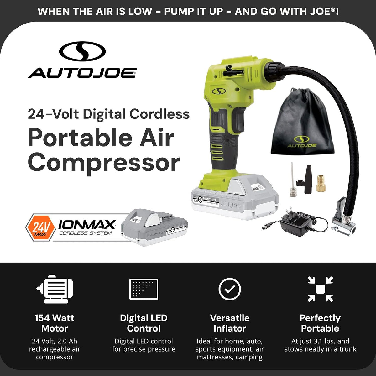 Sun Joe Cordless Tire Air Inflator and Compressor Kit w/ 2.0-Ah Battery, Charger and Nozzle Adapters - Portable Battery-Powered Inflating Tool for Car Wheels, Pools, and Bikes, IONMAX 24V-AJC-LTE