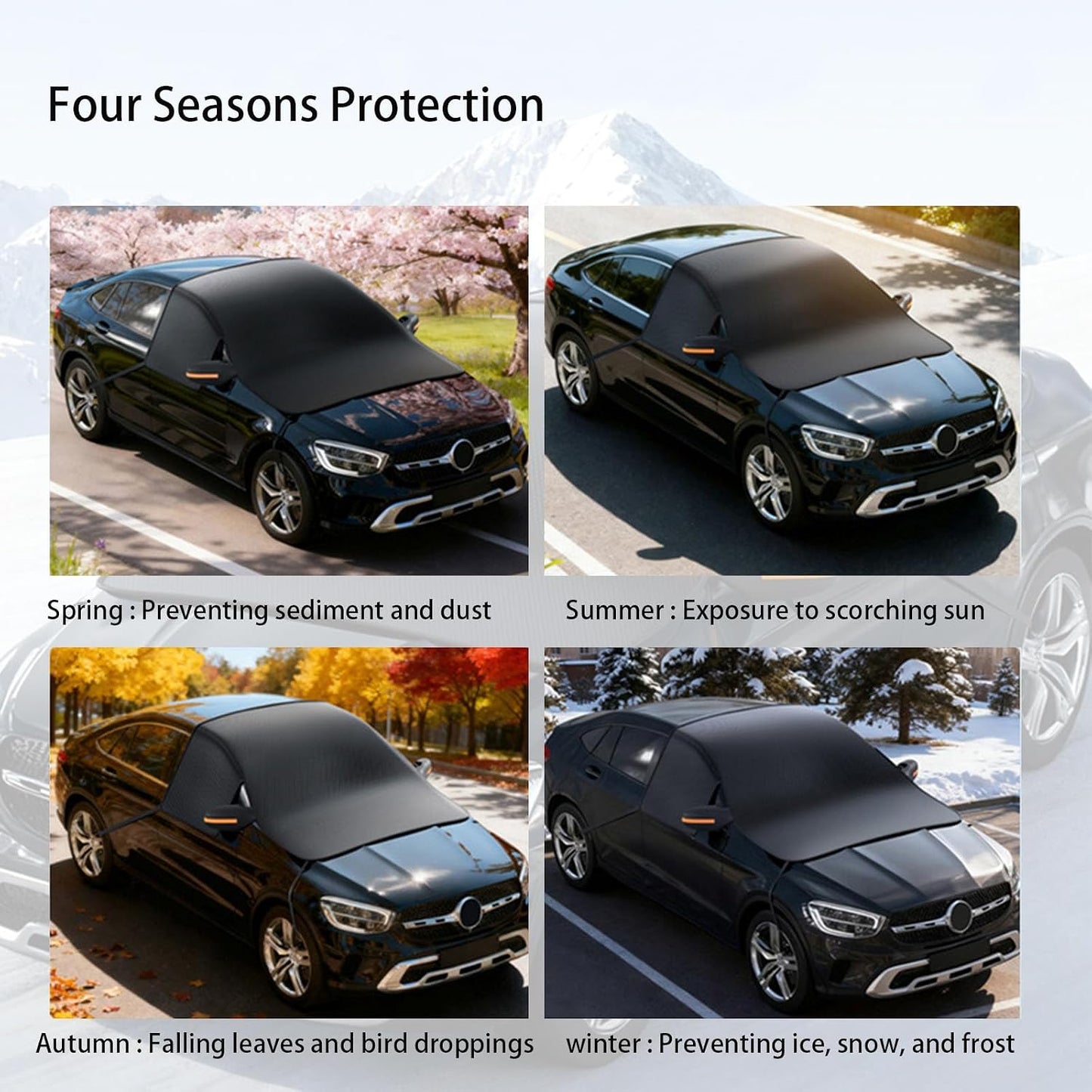 Windshield Cover for Ice and Snow, Winter Summer Sunshade with Thickened 600D Oxford Fabric, Universal Car Frost Shield Snow Cover Windshield Protector Green Earmuffs with Four Straps
