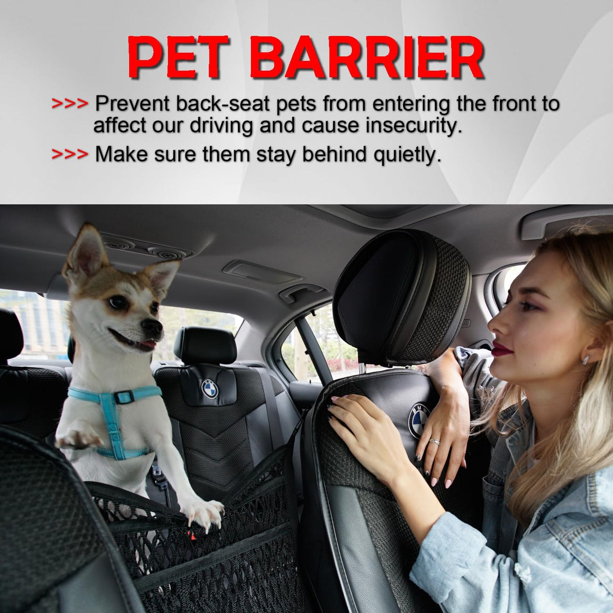 Car Organizer Between Front Seats, Purse Holder, Dog Barrier, Mesh Net Bag