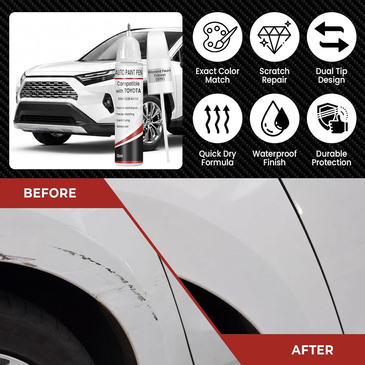 Blizzard Pearl Tricoat(070) Touch Up Paint for Toyota, 0.4 fl oz OEM Color Match Professional Grade Car Paint Scratch Remover for Avalon/RAV4/Camry/Corolla/Highlander/Prius/Sequoia/Sienna
