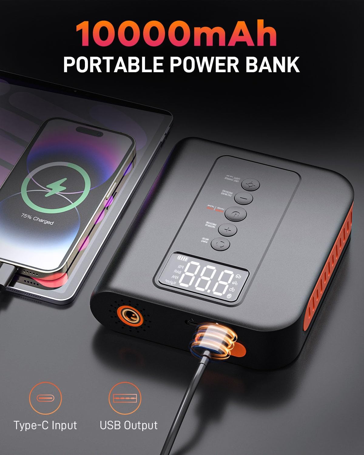 10000 amp Jump Starter with Air Compressor for Car, Battery Portable Power Pack 150PSI Tire Inflotor, USB Charge, LED Light, for All Gas and Up to 8L Diesel Engines Jumper Box