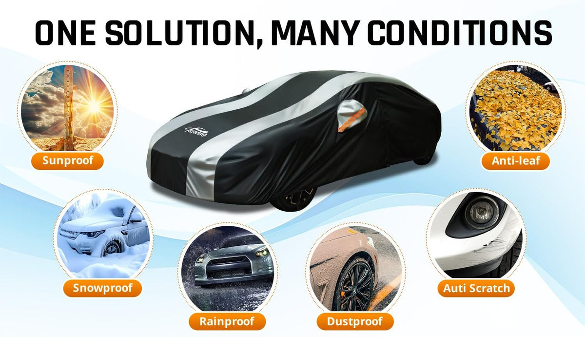Small Car Cover Waterproof All Weather Protection with Silver Stripe Design,Universal Fit Nissan Versa, Hyundai Accent, Kia Rio Sephia,Audi A3 80 90, Honda City Insight