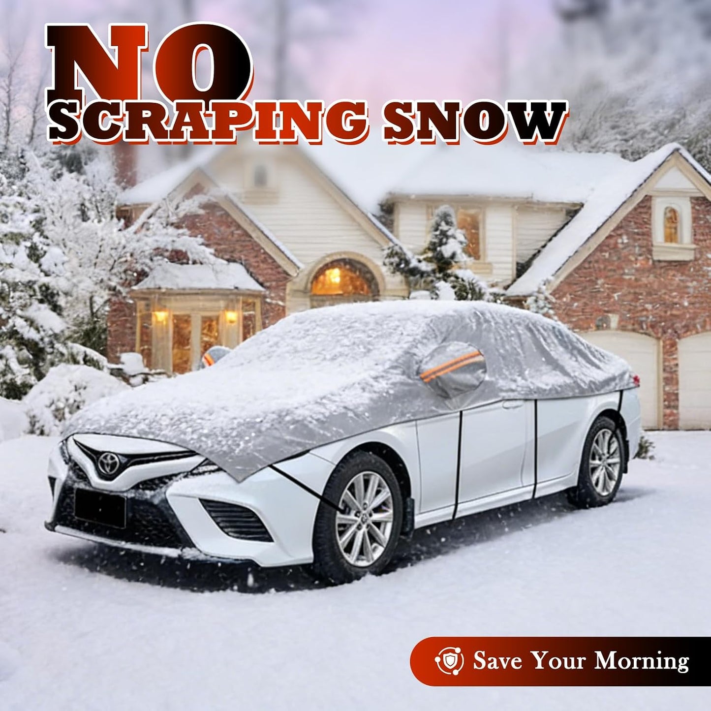 Half Car Cover for Sedan M, Winter Windshield & Roof Snow Cover with Cotton Liner, Waterproof Half Top Cover Protects from Snow, Ice, Frost, Sun and Dust, Fits Most Medium Size Sedans