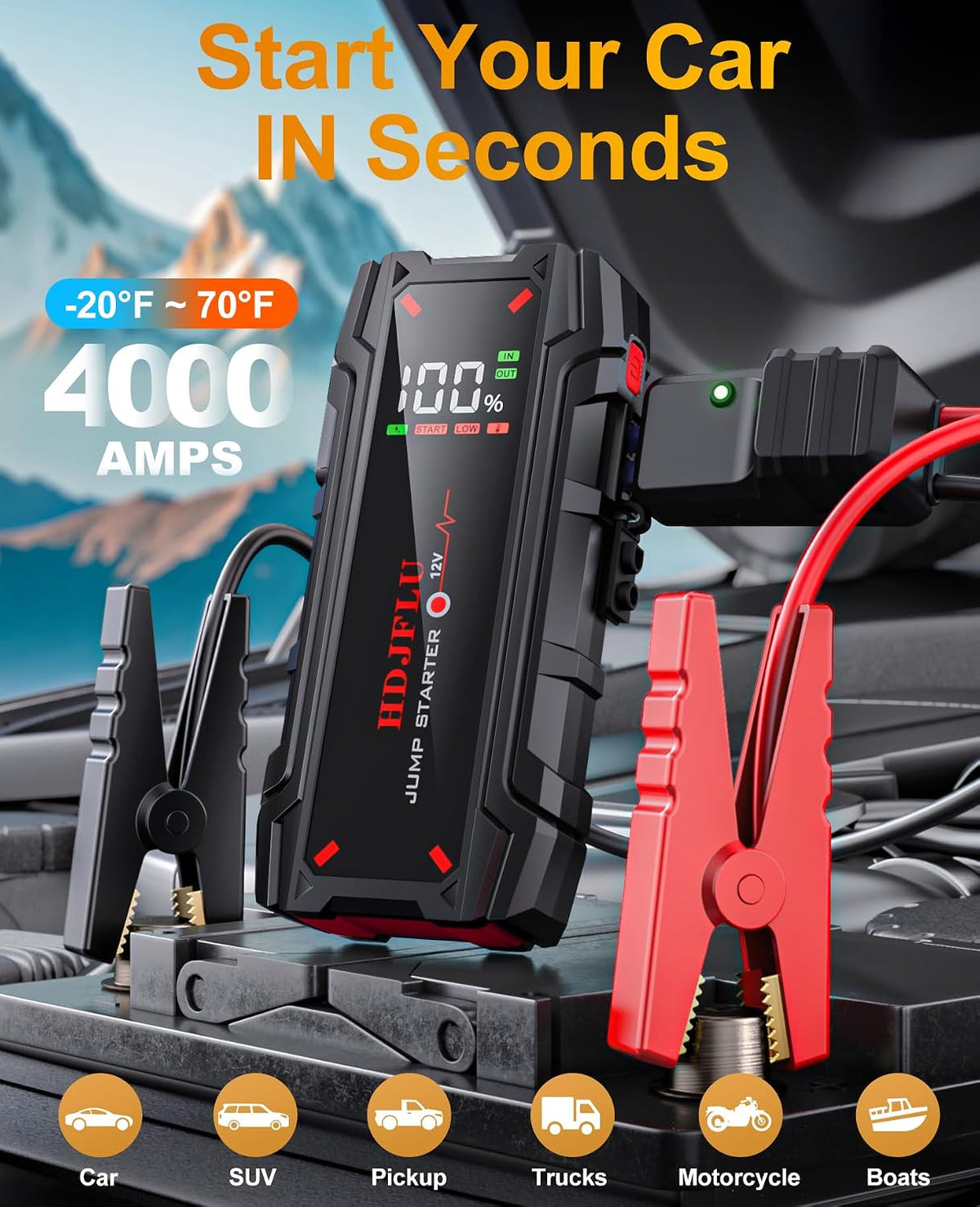 4000A Portable Car Jump Starter, Battery Jump Starter for 8L Gas & 6L Diesel Engines, 10 Safety Protections, 12V Jump Box with Jumper Cable, LED Light, 2.0" LCD Display for Trucks SUV RVs Boats