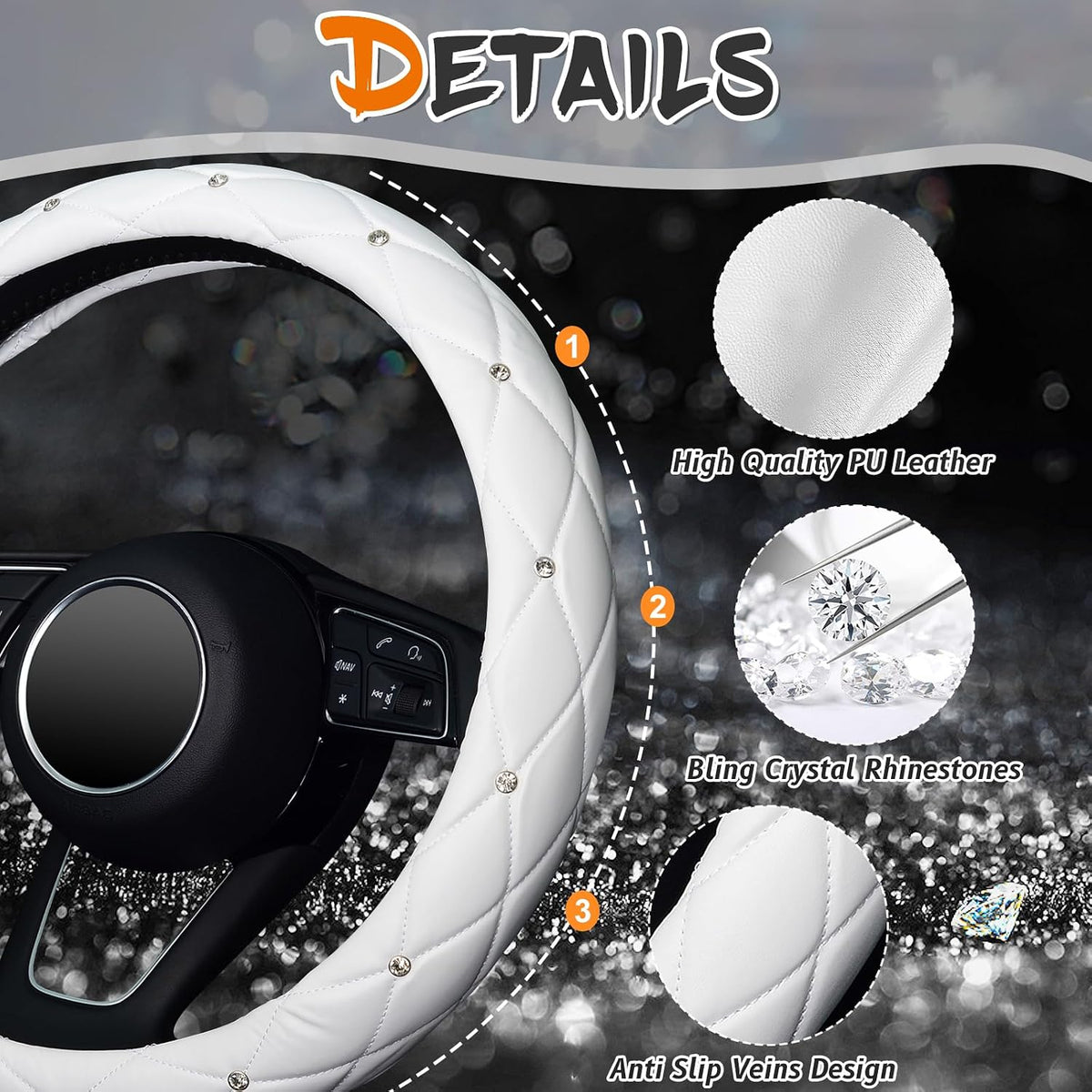 KAFEEK Diamond Leather Steering Wheel Cover, 15 Inch, Pure White