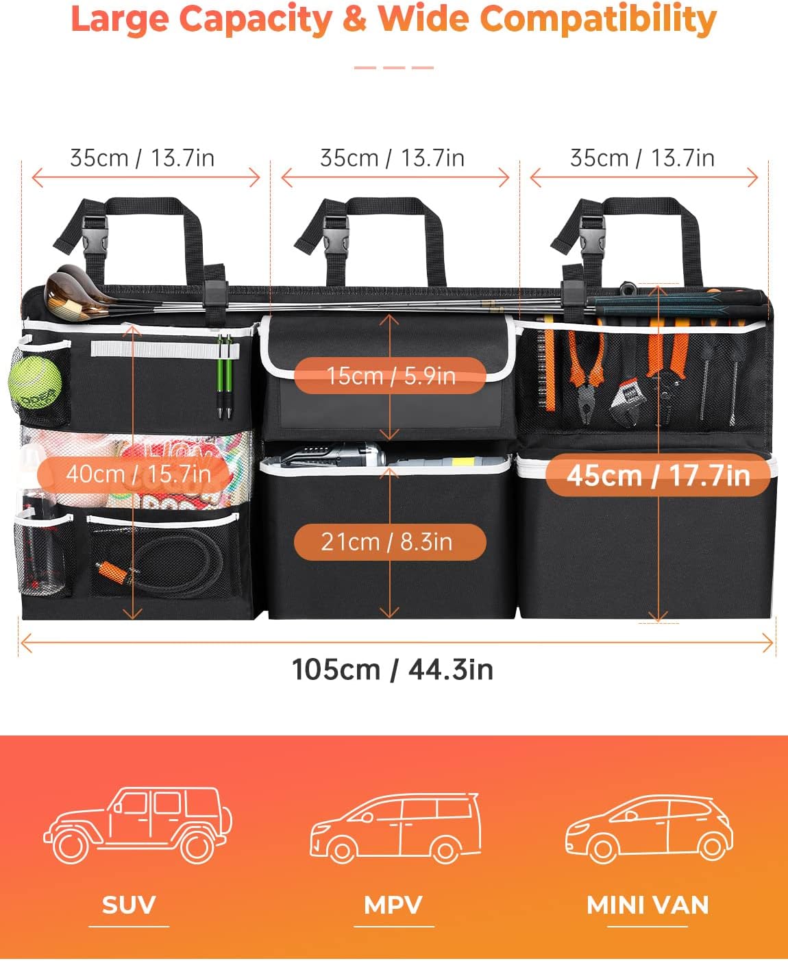 Oasser Car Storage Organizer New Version, Hanging Trunk Organizer with 10 Different Functional Storage Bags for SUV Truck MPV VAN