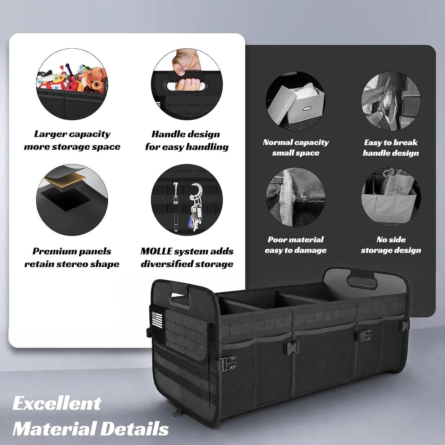 Sposuit Car Trunk Organizer for SUV - 105L Collapsible Tactical MOLLE Car Storage with Reinforced Handles & Multiple Pockets, Sturdy Trunk Organizers for Groceries, Tools & Outdoor Storage (Black)