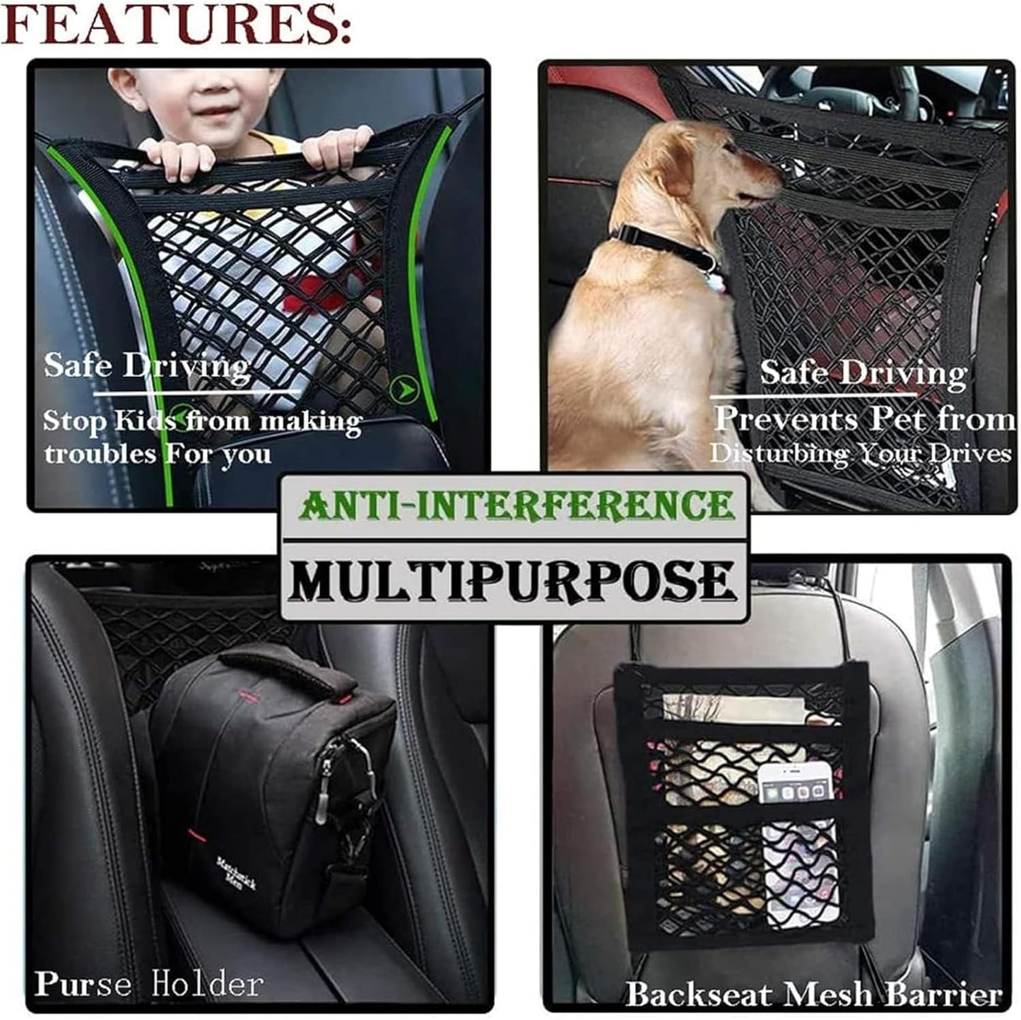 DYKESON Pet Barrier Dog Car Net Barrier with Car Mesh Organizer Baby Stretchable Storage Bag Universal for Cars, SUVs -Easy Install,Safer to Drive with Pets and Children, 3 Layer S