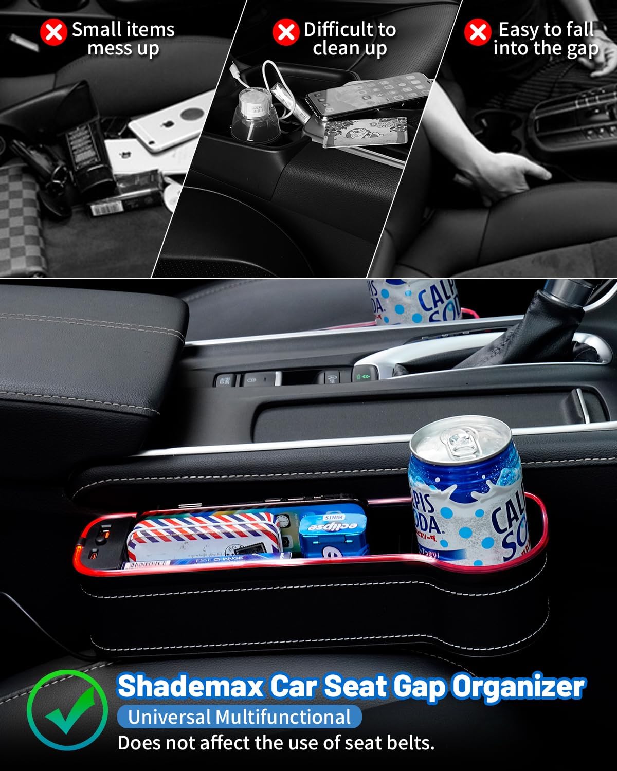 Shademax LED Car Seat Gap Filler Organizer Console Side Storage Box Between Seats with Cup Holders RGB Color Changing Storage Front Seat Gap Filler with USB Charging Car Interior Accessories (2 Pack)