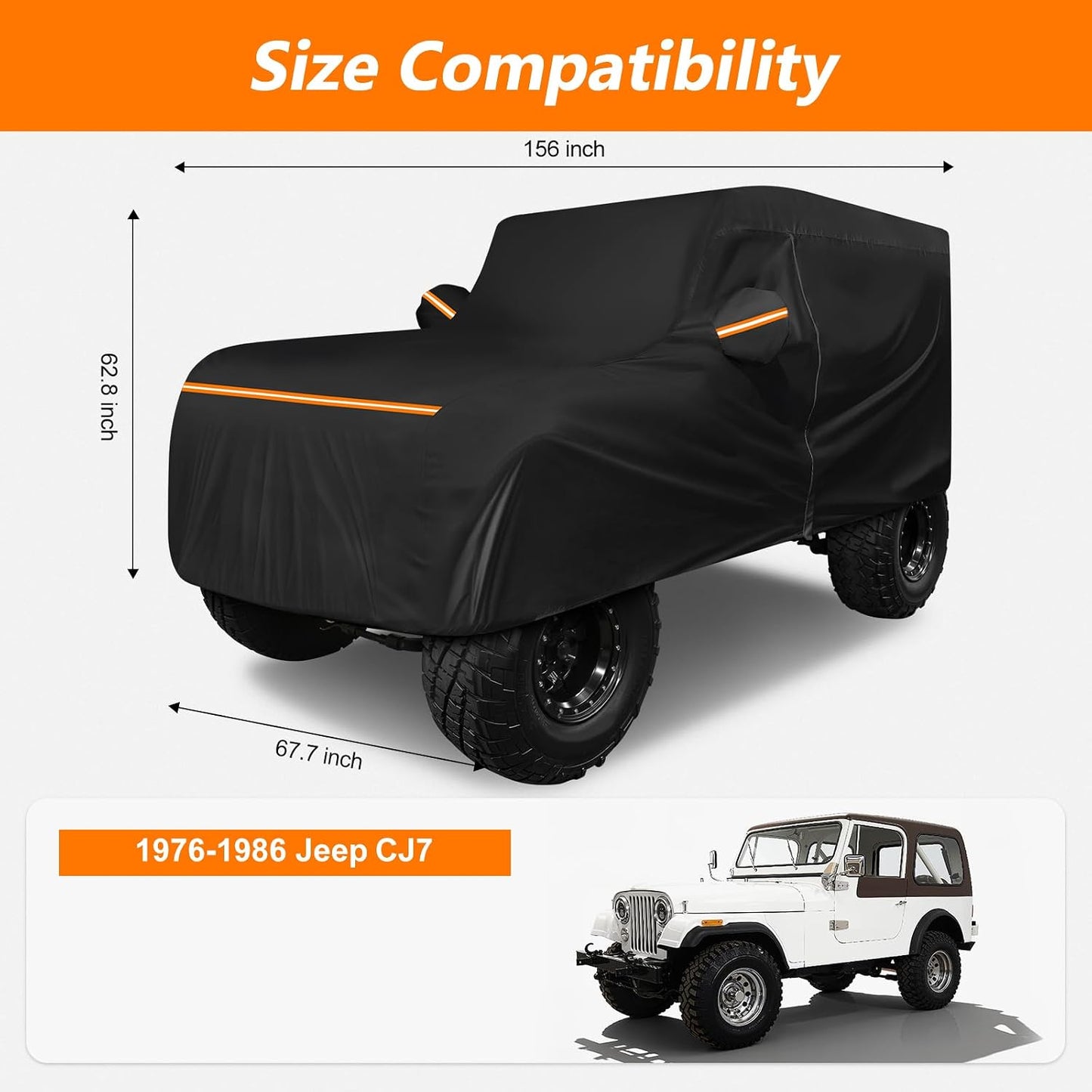 Car Cover for Jeep CJ7 1976-1986, Waterproof 420D Oxford Cloth and Cotton Cover Outdoor Full Car Covers with Zipper Windproof Heavy Duty All Weather Protection