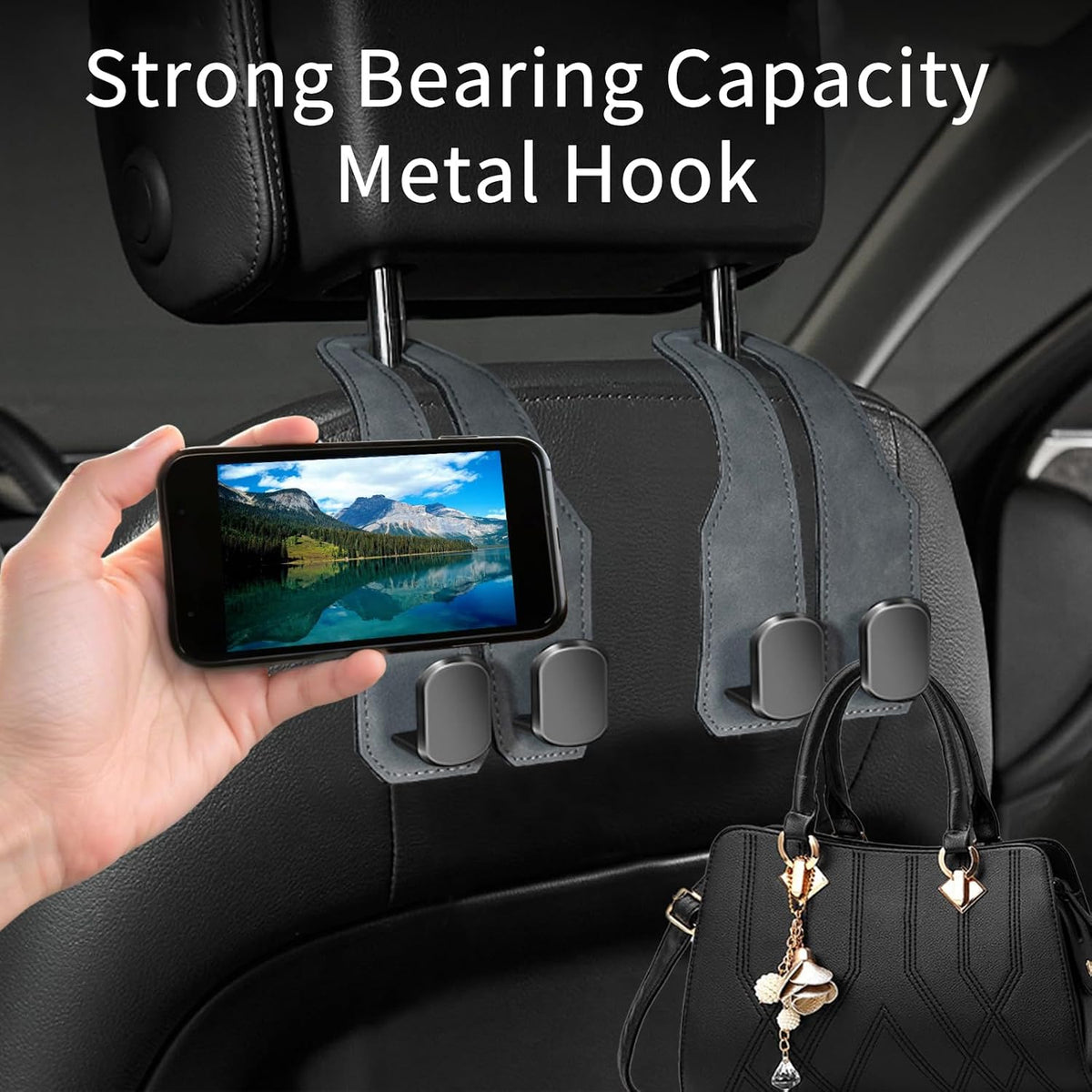 Car Purse Hook, Car Seat Headrest Hooks, Grey Leather 4 Pack
