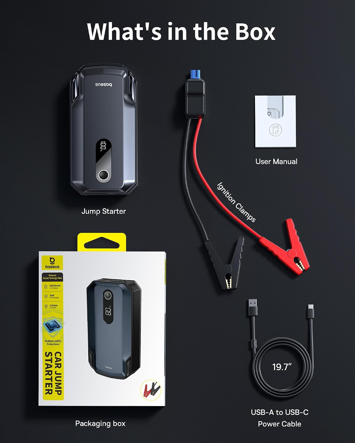 Baseus 8000A Jump Starter, 20000mAh Portable Jump Starter Battery Pack, 12V Car Battery 5 in 1 Jump Starter with 30W Fast Charging and LED Display, for Up to 10.0L Gas 6.0L Diesel Engines