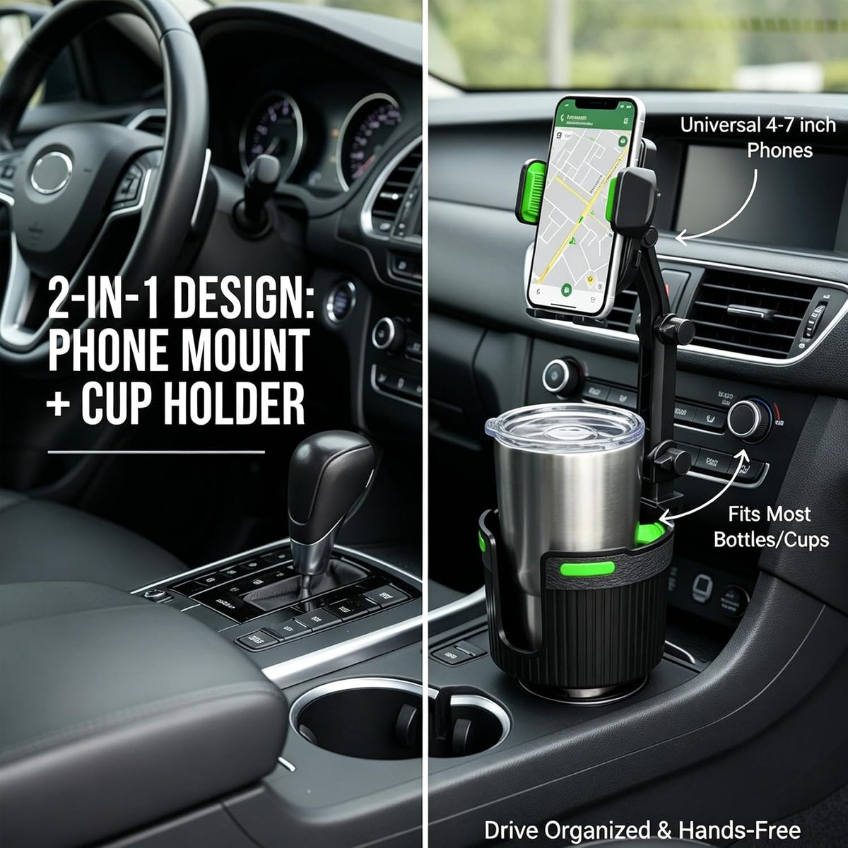 Cup Phone Holders for Your Car, Cup Holder Phone Mount, 2 in 1 Cup Holder Phone Mount with Adjustable Base, Car Cellphone Large Adapter Long Arm with 360 Degree Rotation for Vehicles (Green)