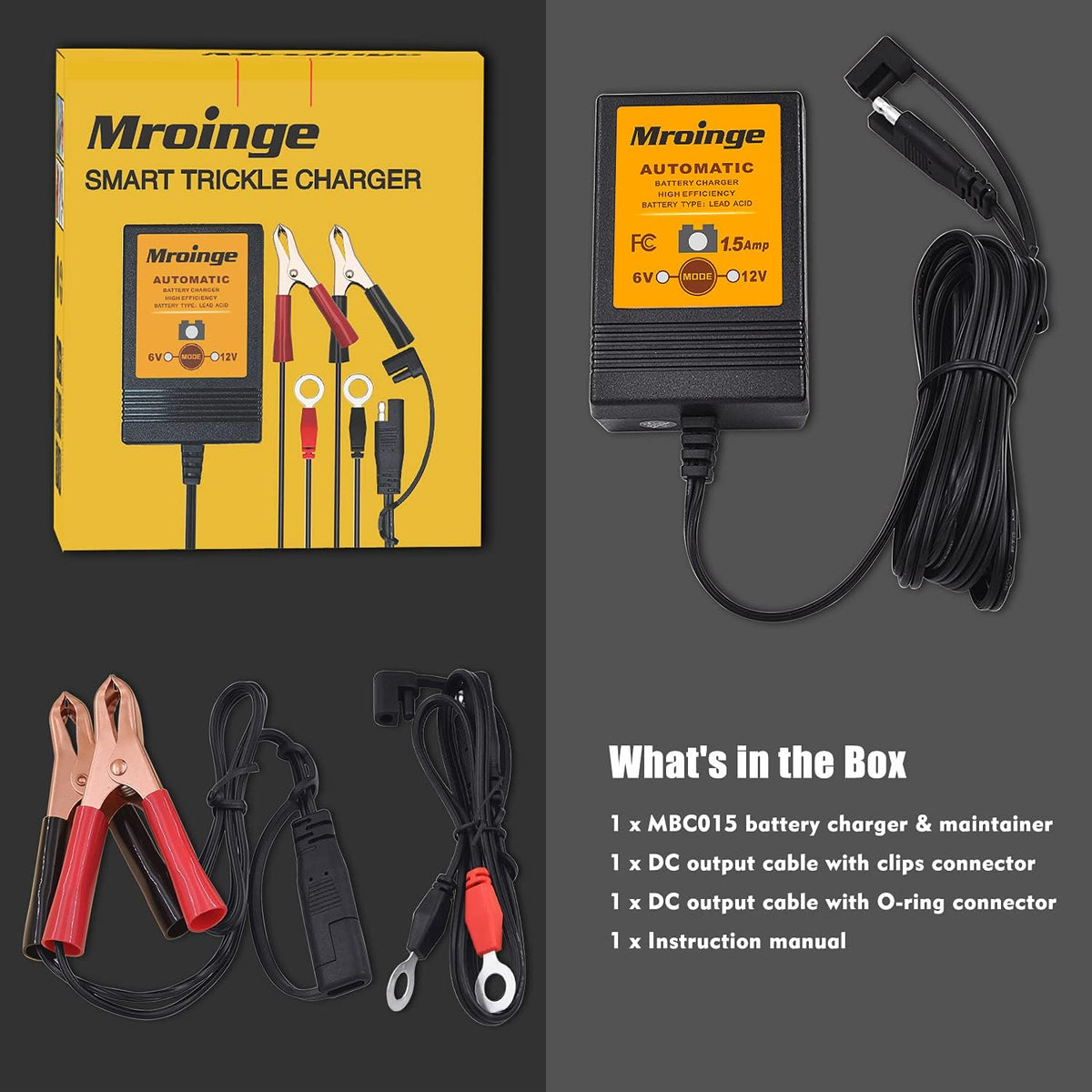 Smart Battery Charger, Mroinge 1.5A 6/12V Fully Automatic Trickle Charger/Maintainer for Motorcycle, ATV, Lawnmowers and More