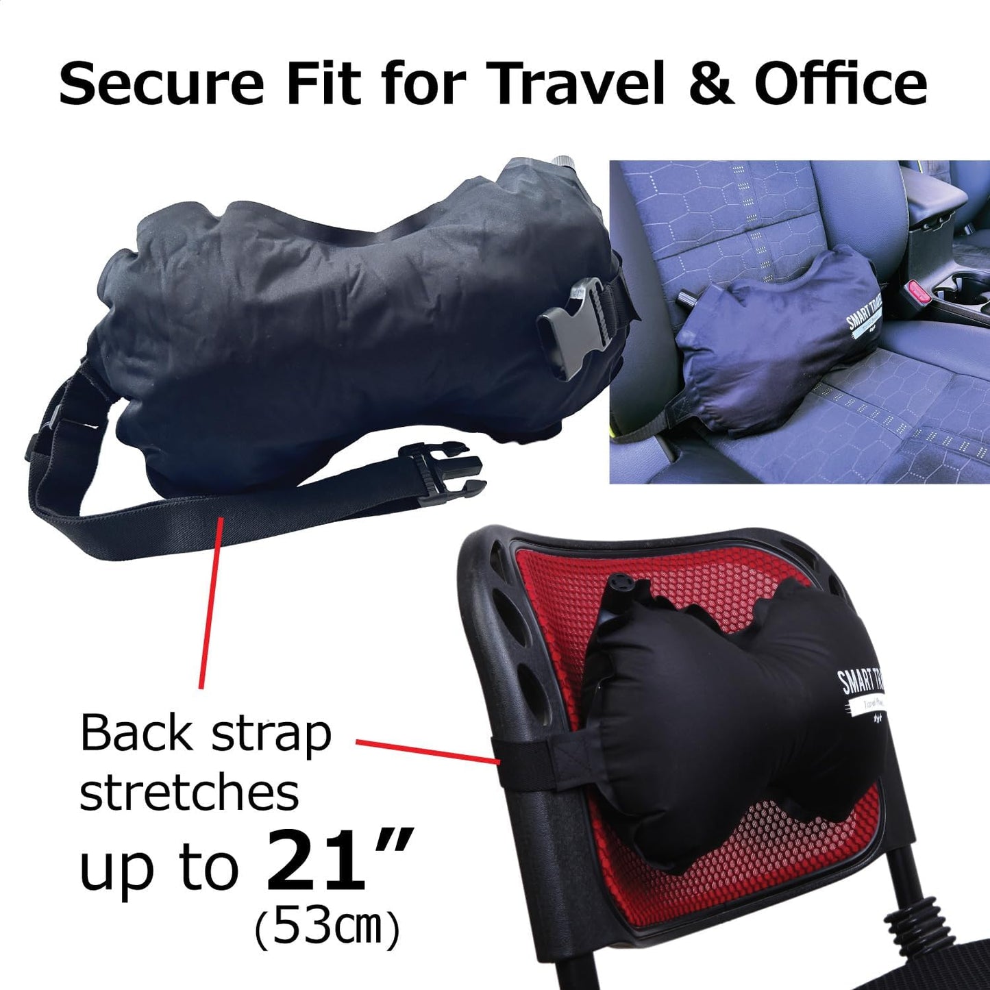 SmartTravel Inflatable Lumbar Support Travel Pillow for Airplane Seat | Adjustable firm back support cushion for long flights, office & car; eases lower back discomfort; self-inflates, packs small
