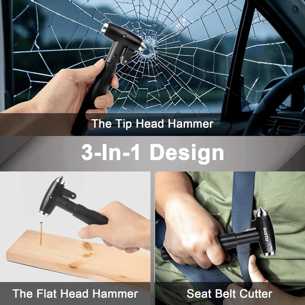Longzhuo Car Window Breaker Tool with Seatbelt Cutter, Carbon Steel Window Breaker Seatbelt Cutter, 3-in-1 Automotive Safety Hammer for Auto Accidents, Essential for Emergency Car Kit