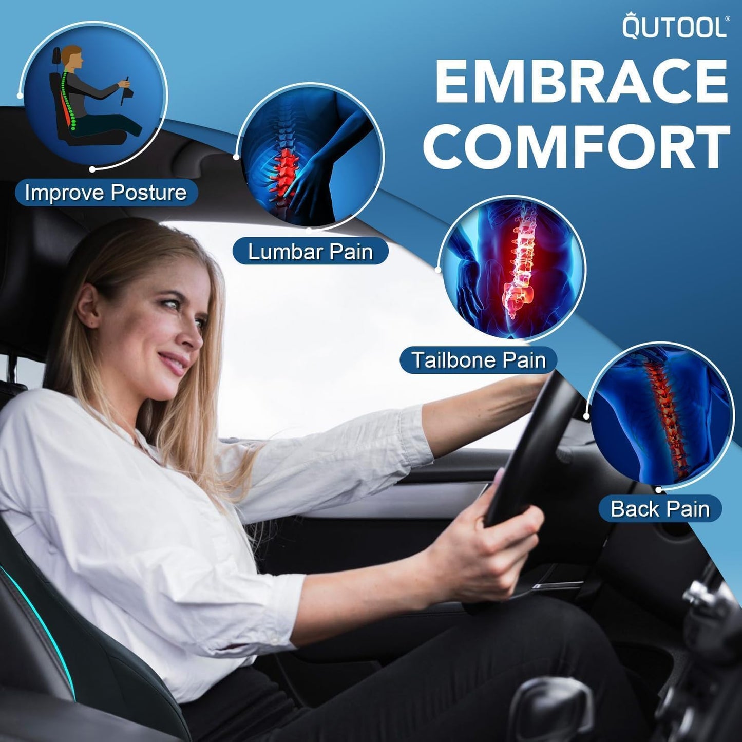 QUTOOL Lumbar Support Pillow for Car, Truck Accessories Travel Essentials, Memory Foam Back Cushion for Driving Seat, Back Pain Relief,Washable Cover, Lower Back Support Fits Most Cars(Black)