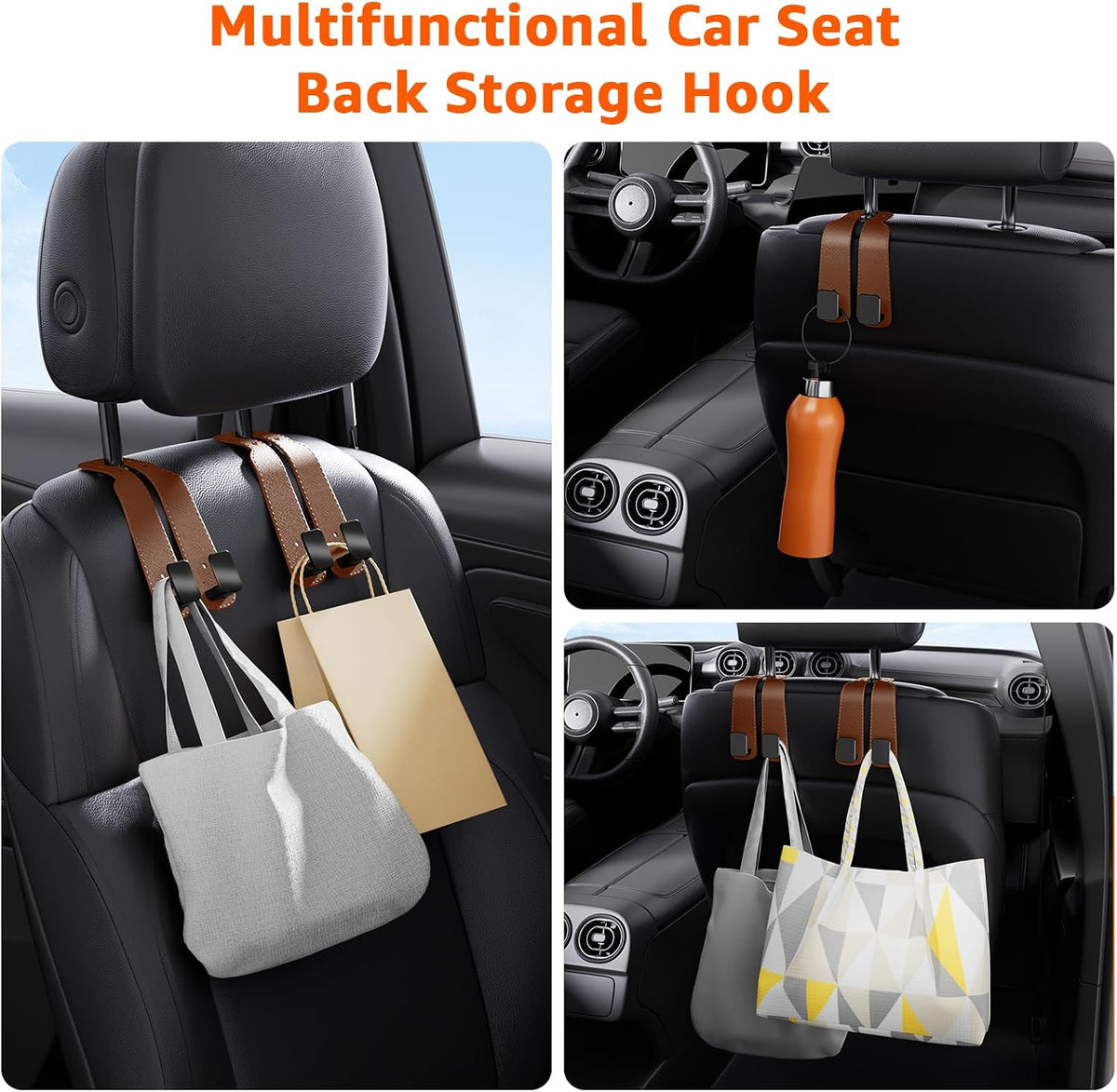 Headrest Hooks For Car, Multifunctional Purse Hook Leather Seat Back Storage Hook Double Metal Hooks Car-Hangers for Seat(2 Pack, Brown)