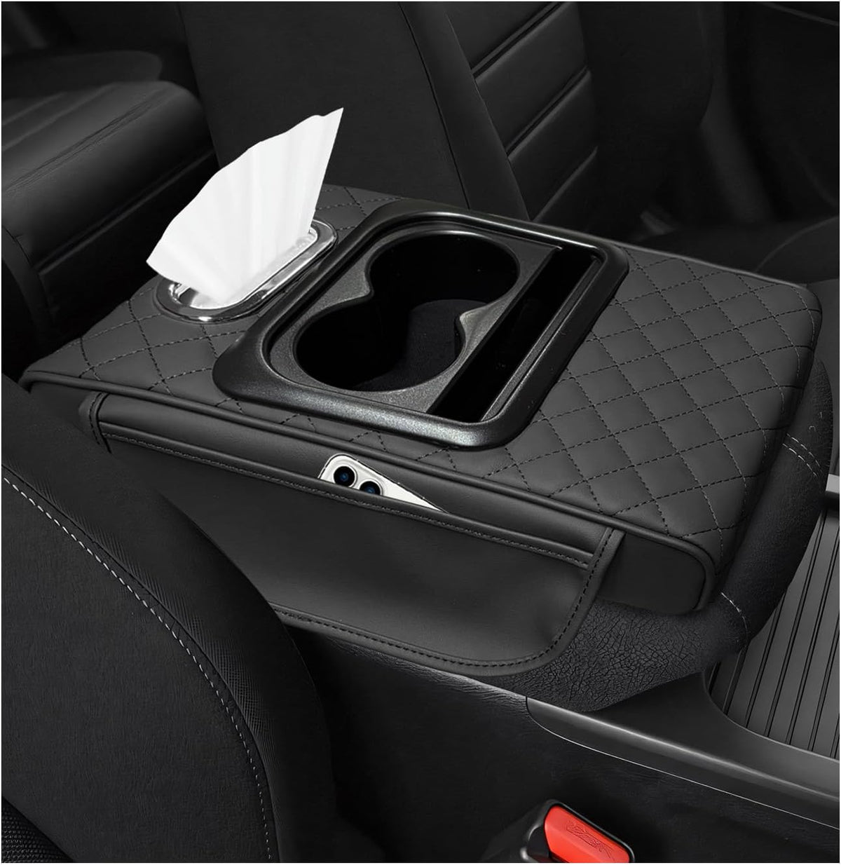Car Center Console Armrest Pillow, Waterproof Arm Rest Cover with 2 Side Bags, Tissue Box, Phone & Cup Holder, 5-in-1 Leather Armrest Pad Interior Organizer for Most Cars (Embroidered, Black)