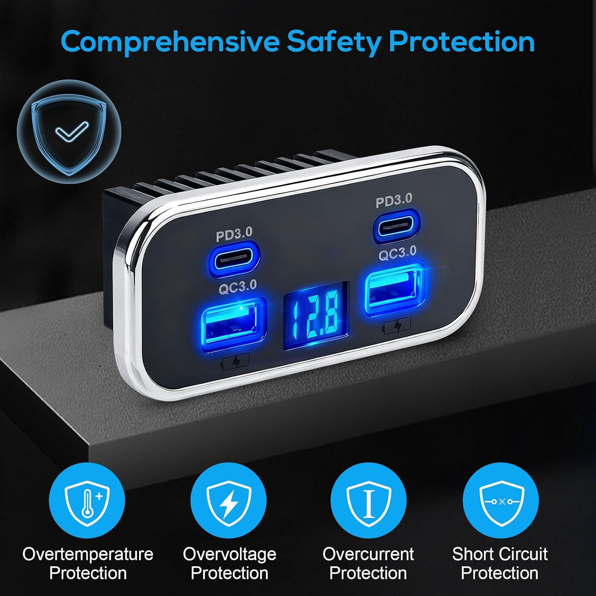 Linkstyle 12V USB Outlet Panel, 4-Port Car Charger with Dual 20W PD USB-C & Dual 18W QC3.0 Ports, Built-in Voltmeter, 12V/24V RV Charging Panel for Camper Travel Trailer