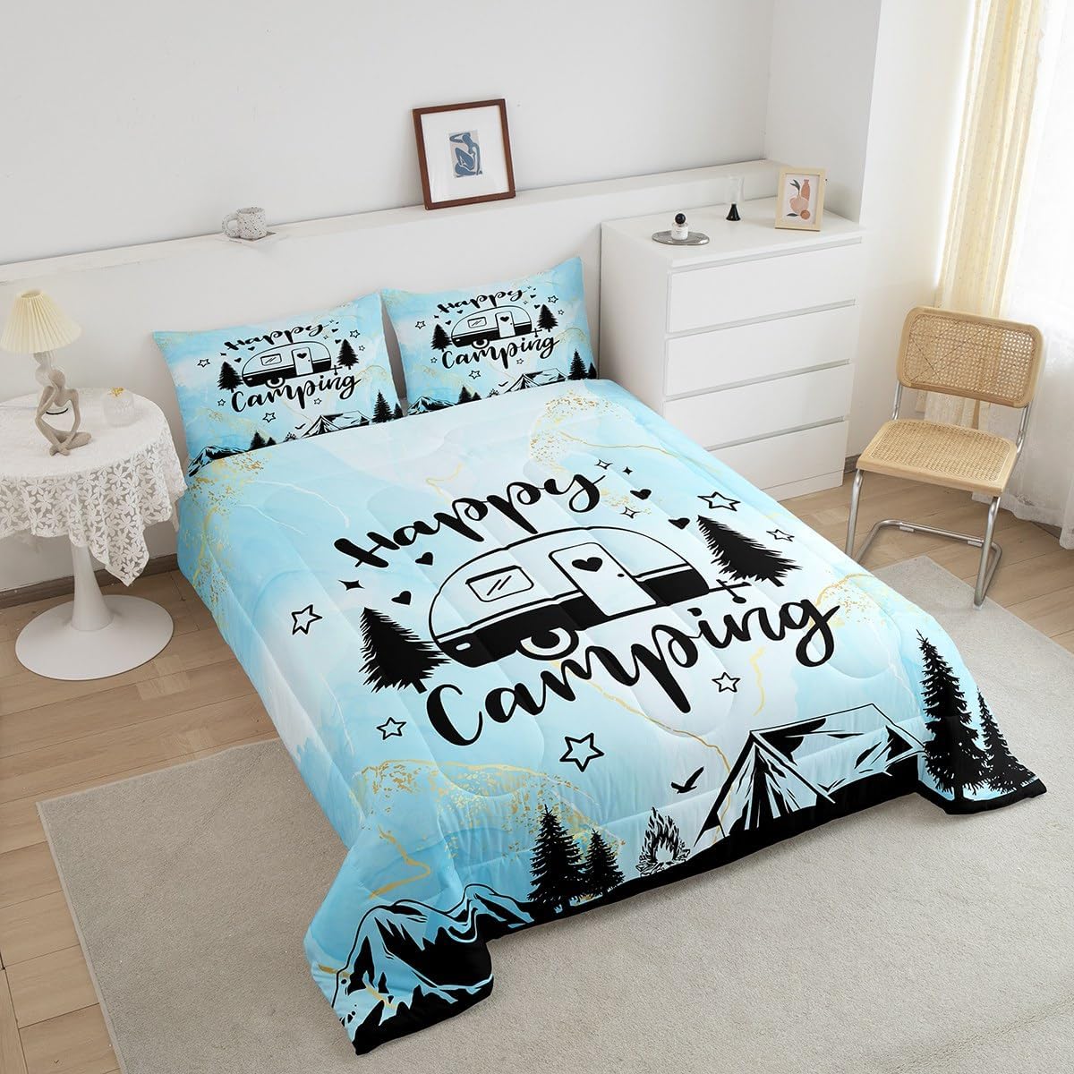 Manfei Happy Camping Camper Kids Comforter Set Twin Size,Star Pine Tree Mountain Bedding Set,Girls Boys Room Decor,Rustic Farmhouse Cabin Quilt Comforter,Blue Country Duvet Insert,1 Pillowcase