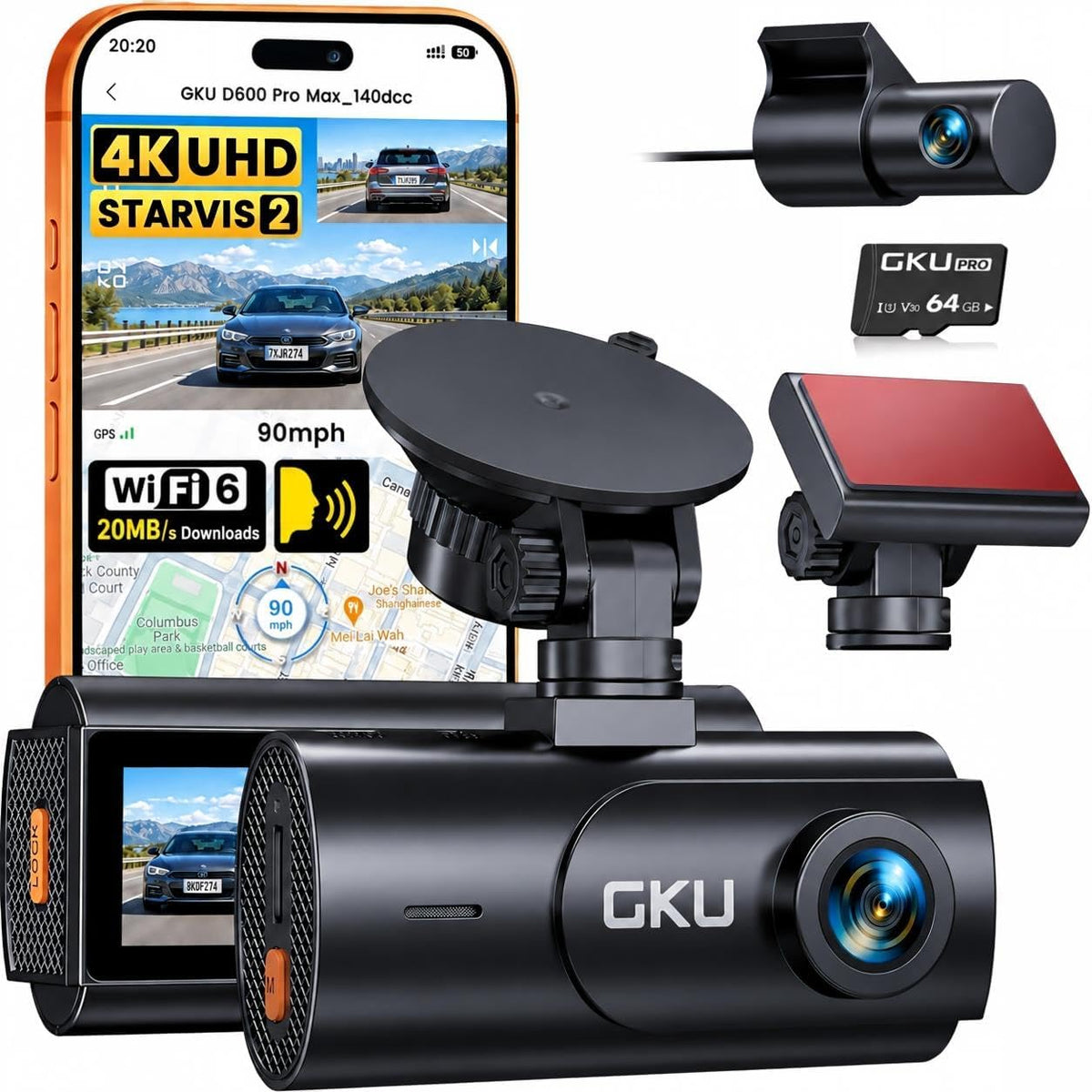 GKU 4K Dash Cam Front and Rear, STARVIS 2 Sensor, Free 64GB Card Included