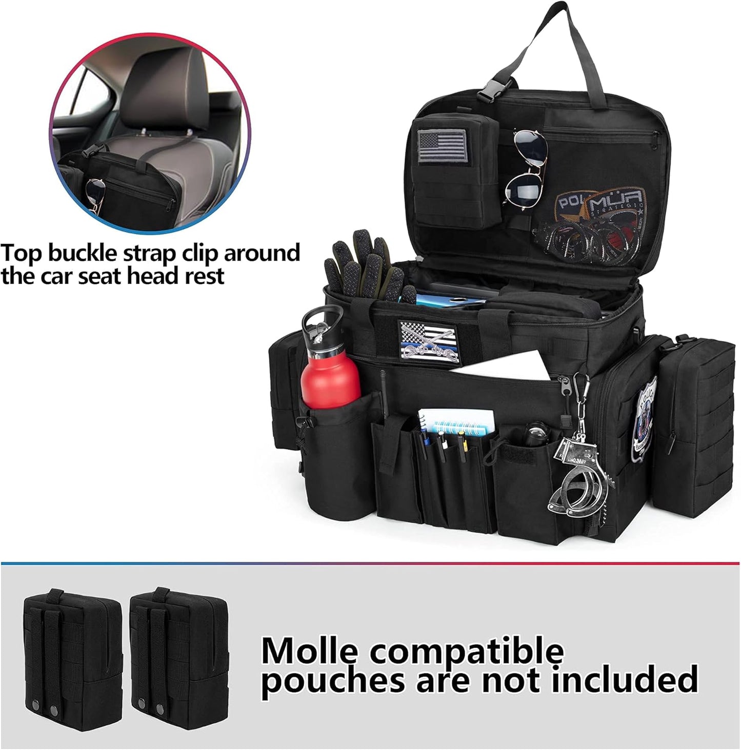 Trunab Patrol Bag, Police Duty Bag, Car Front Seat Organizer with 15.6” Tablet and Laptop Storage for Law Enforcement, Police Patrol, MOLLE Compatible