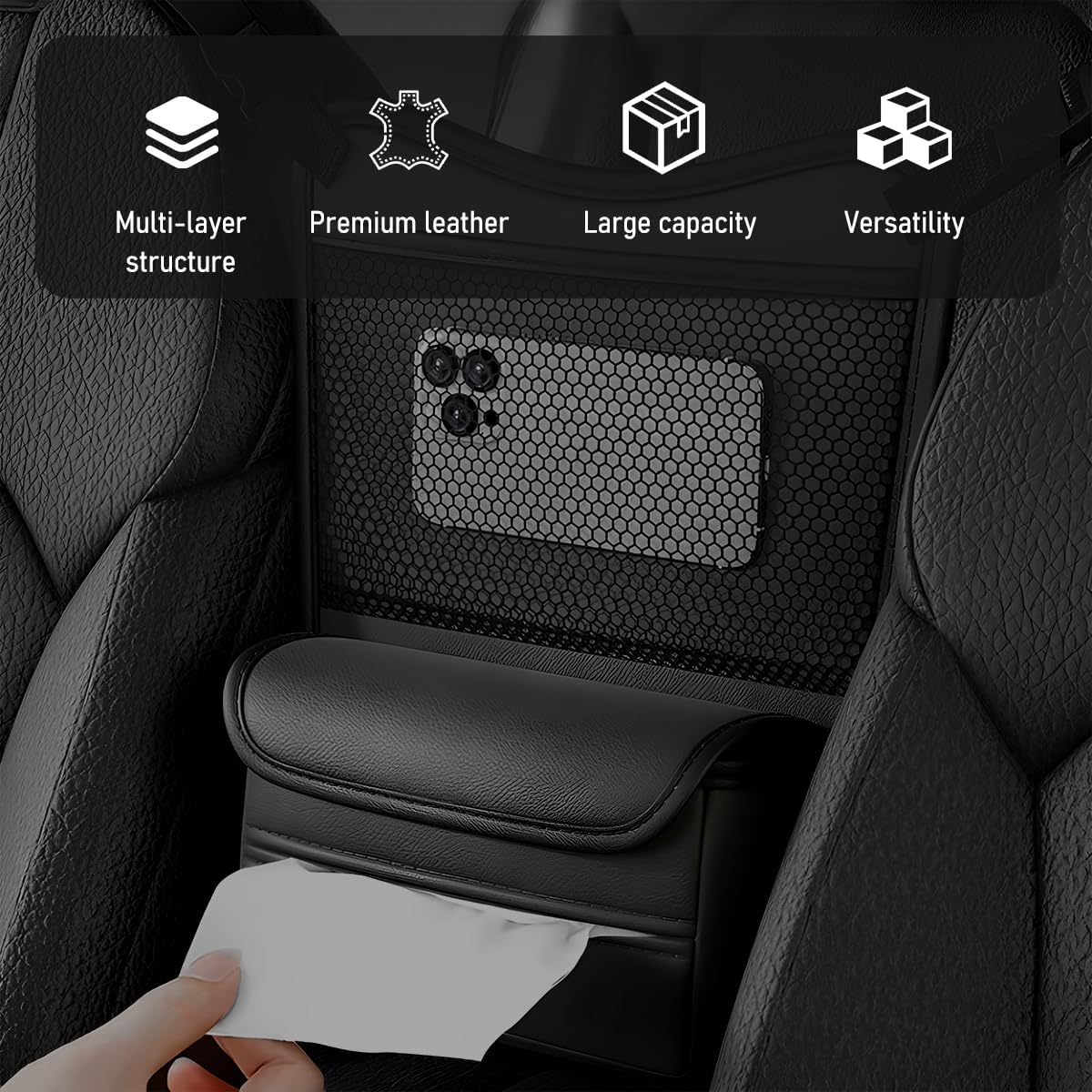 Car Organizer Storage Between Seats, Nappa Leather Front Seat Storage Bag with Tissue Holder, Automotive Console Hanging Net Pocket Handbag Holder for Phone Document (Black)