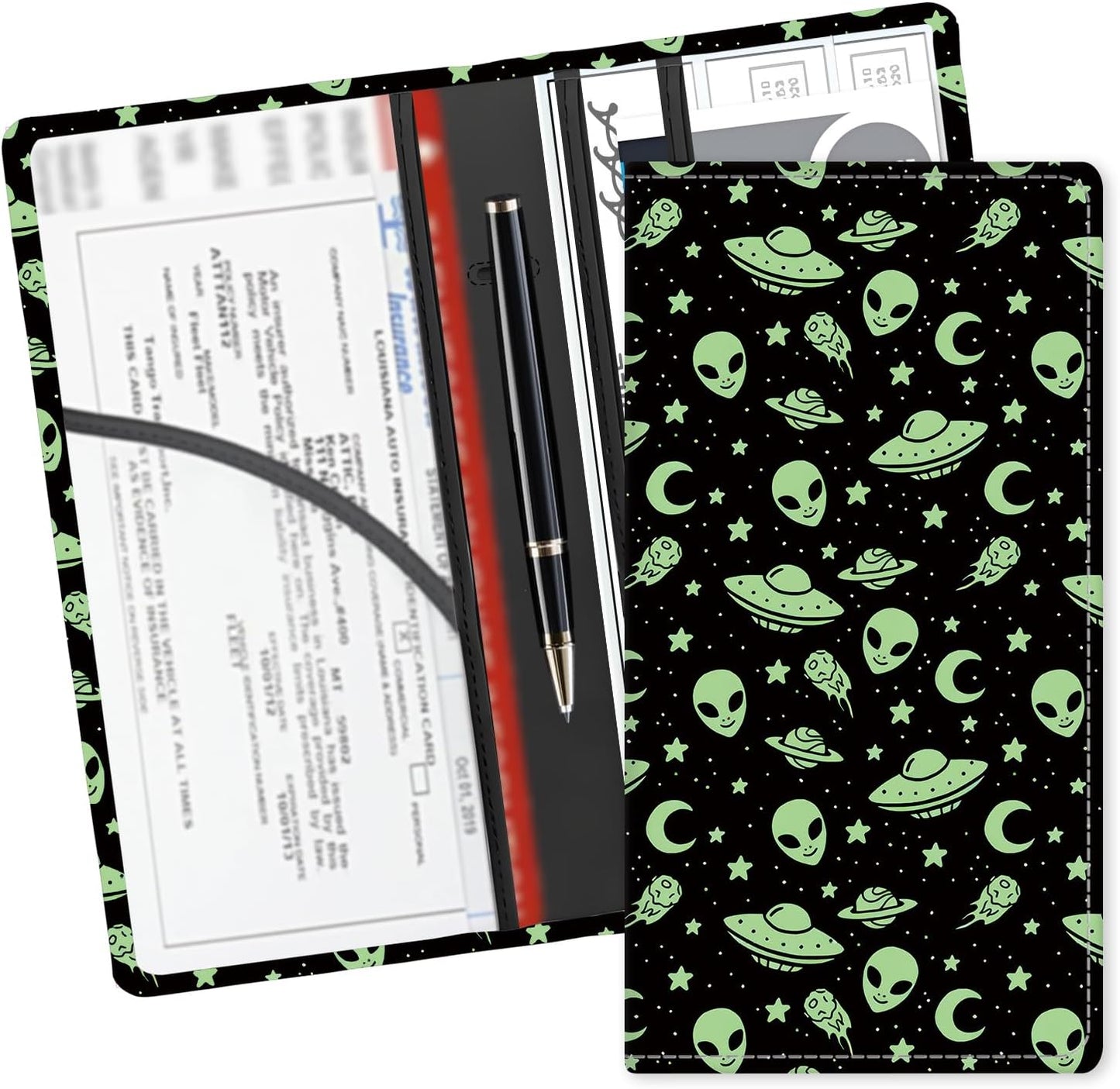 Leather Car Registration and Insurance Card Holder, Cute Car Accessories Vehicle Glove Box Car Organizer for Documents, Cards, License Cute Green Aliens