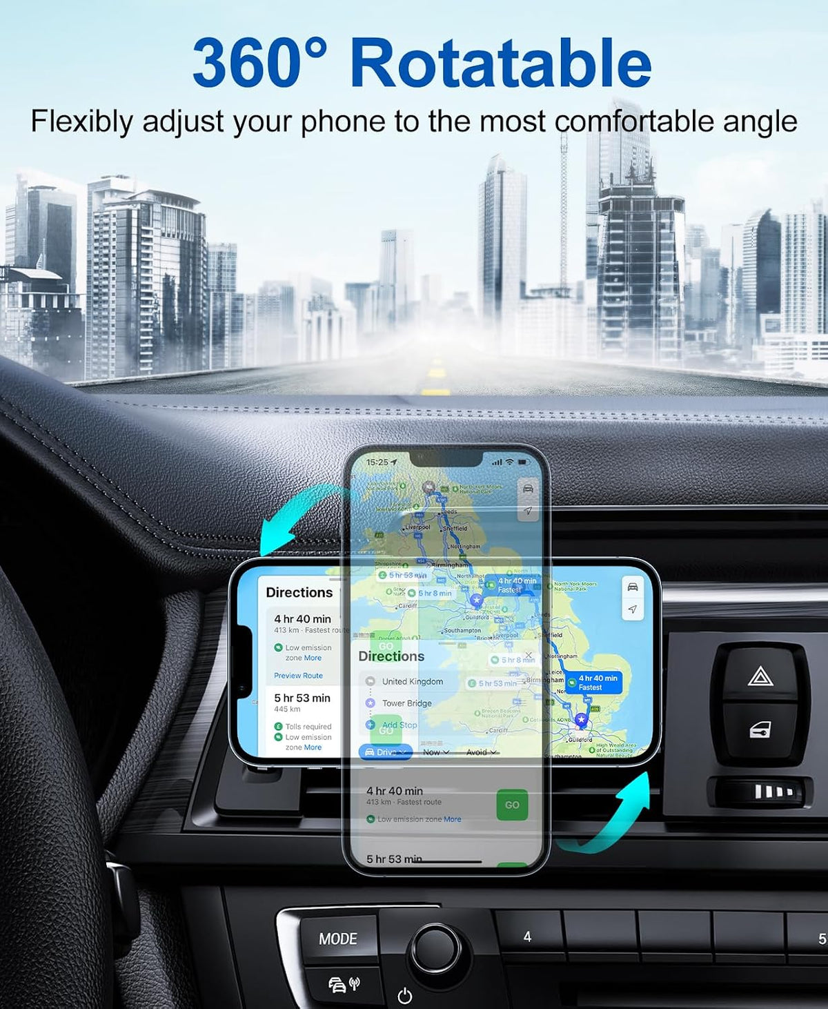 Beeasy Wireless Car Charger, 15W Fast Car Mount Charger 360° Rotation Automatic Clamping&One-Touch Release Car Vent Phone Mount Compatible with iPhone12-17, Samsung, Android Smartphones