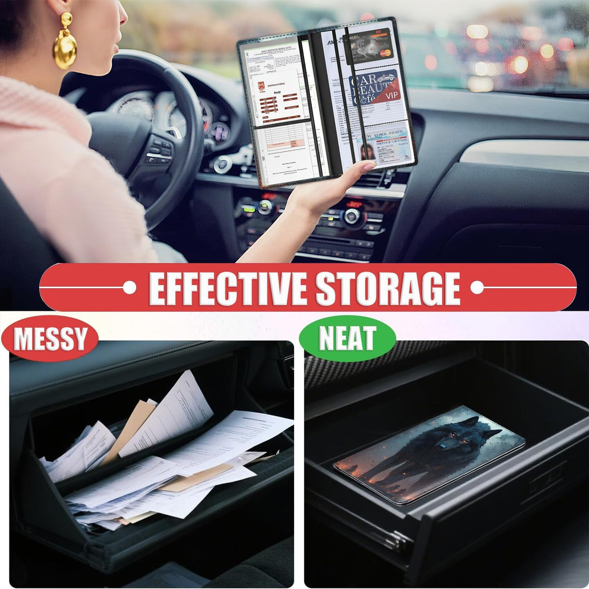 Car Document Holder with Magnetic Shut, Car Registration & Insurance Card Holder, Waterproof PU Leather Glove Box Organizer Vehicle Accessories Driver License for Women/Men, Wolf Pattern