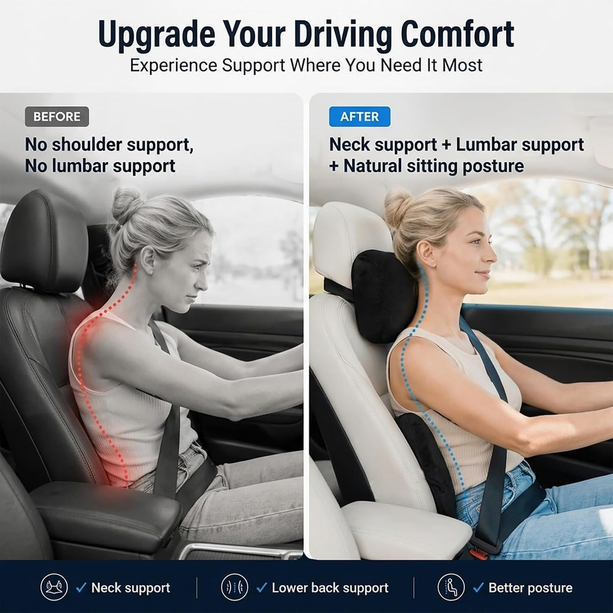 2 PCS Car Pillow for Driving Seat Soft Suede Headrest Neck & Lumbar Support