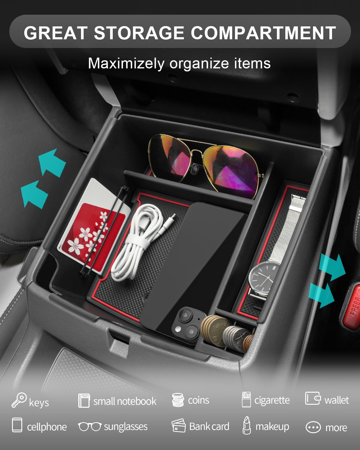 CDEFG Compatible with 2025 Kia Carnival Center Console Organizer Tray 2022-2025 Kia Carnival LX LXS EX SX SX Prestige Accessories Middle Console Organizer 2025 Carnival Armrest Storage Box(Red)