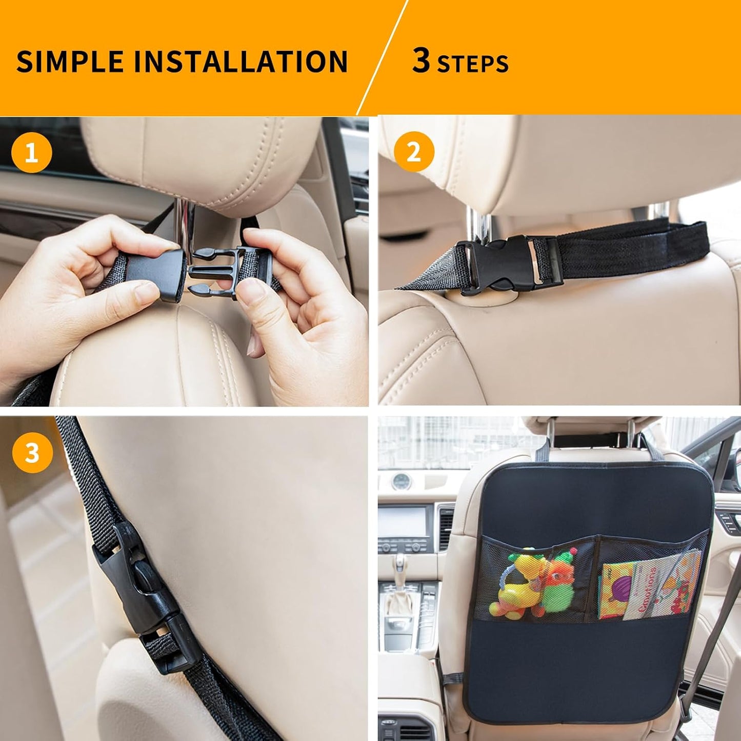 2 Pack Kick Mat Backseat Protector,Back Seat Cover for Kids,Car Seat Back Protectors with 2 Pocket Storage Organizer for Car, SUV, Minivan or Truck Seats (Black)