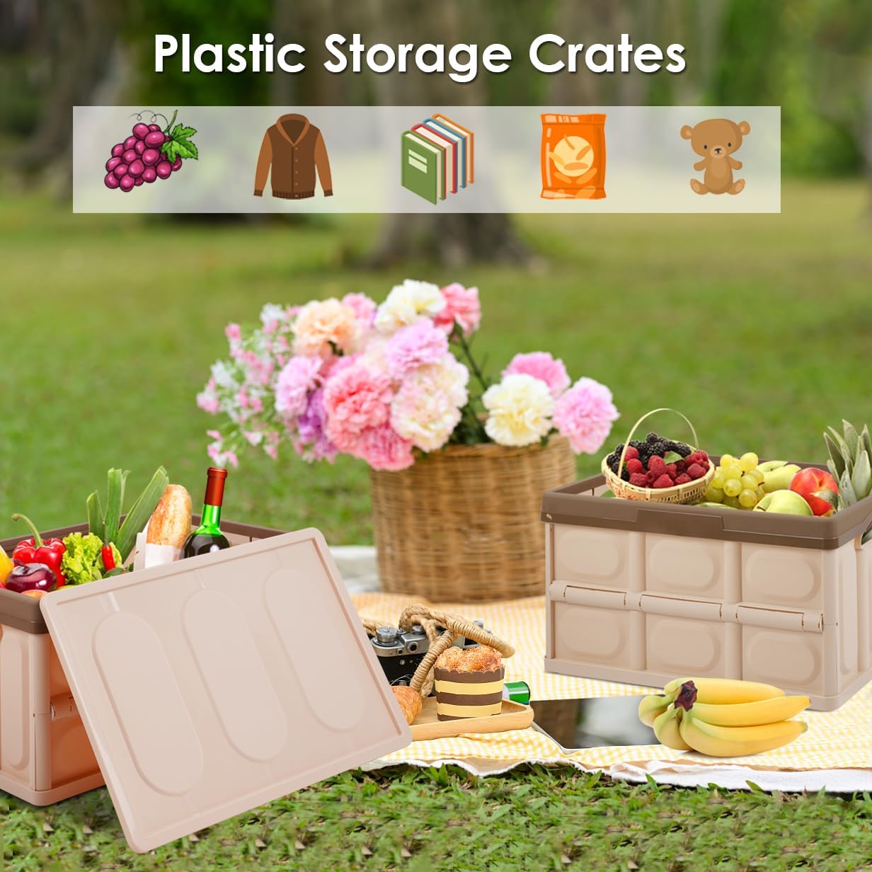 Phyllia Foldable Storage Boxes with Lids, 3-Pack Collapsible Plastic Storage Bins Organizer Containers Baskets Cub with Cover,Stackable Utility Crates Storage Box (Brown, 30L)