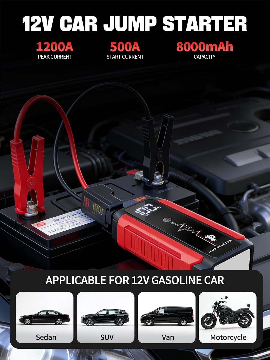 Car Battery Jump Starter,1200A Peak Portable Jumper Starter Battery Power Pack for 12V Gasoline Car,Portable Jump Box with 3Modes Flashlight and Jumper Cables CarStarter with LCD Display and LED Light