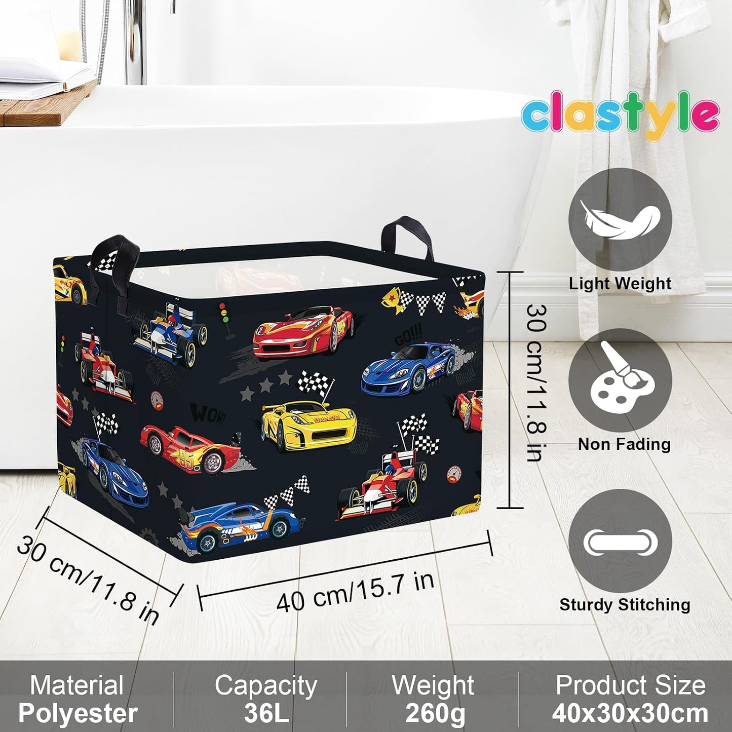 Clastyle Competitive Race Car Kids Book Storage Basket Checkered Flag Clothes Laundry Basket Parents Gift Toy Box for Bedroom Shower, Grey, 40x30x30 cm