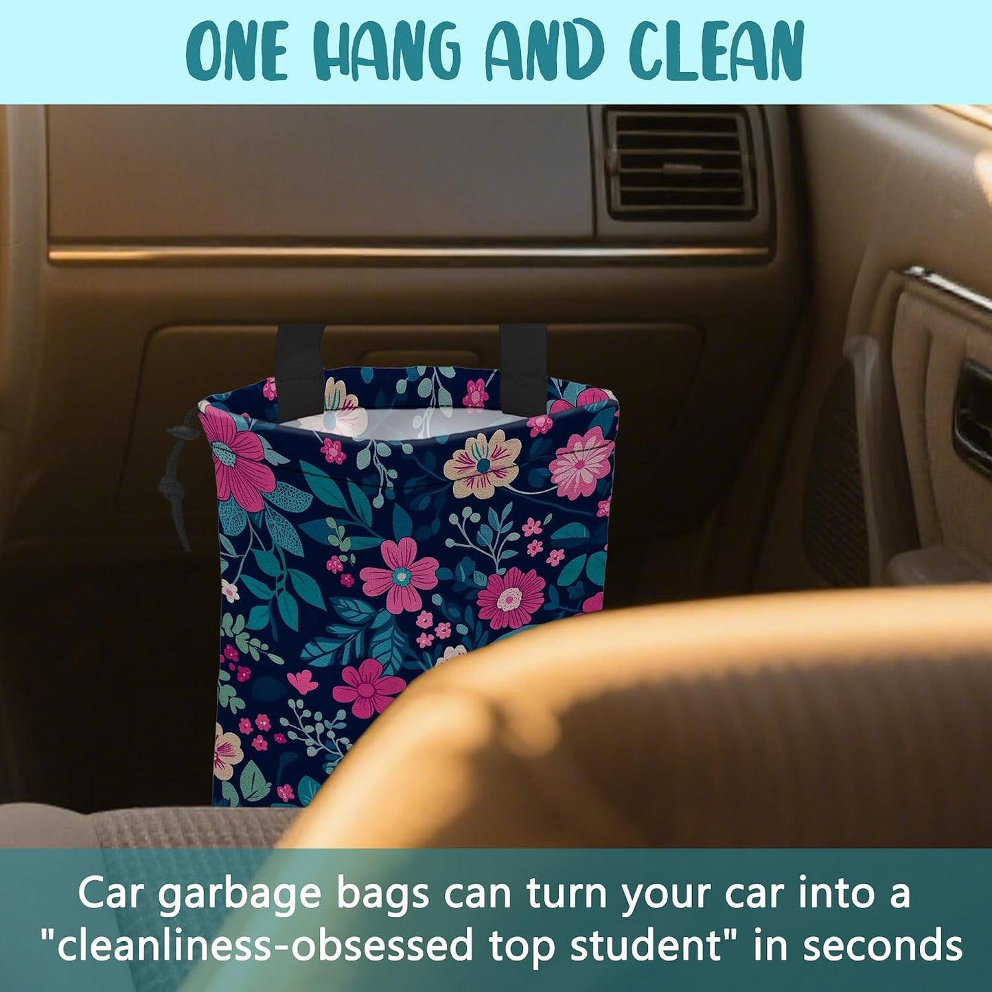 Car Trash Bag Watercolor Floral and Green Leaves Leak-Proof Car Garbage Bag with Drawstring Foldable Canvas Trash Bin with Adjustable Buckle for Car Accessories