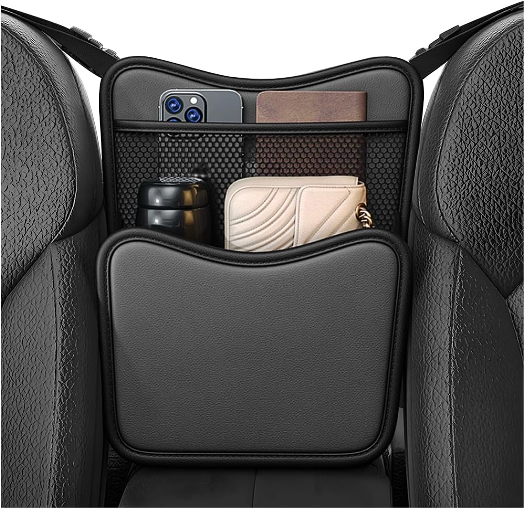 Car Organizer Storage Between Seats, Nappa Leather Front Seat Storage Bag with Tissue Holder, Automotive Console Hanging Net Pocket Handbag Holder for Phone Document (Gray)