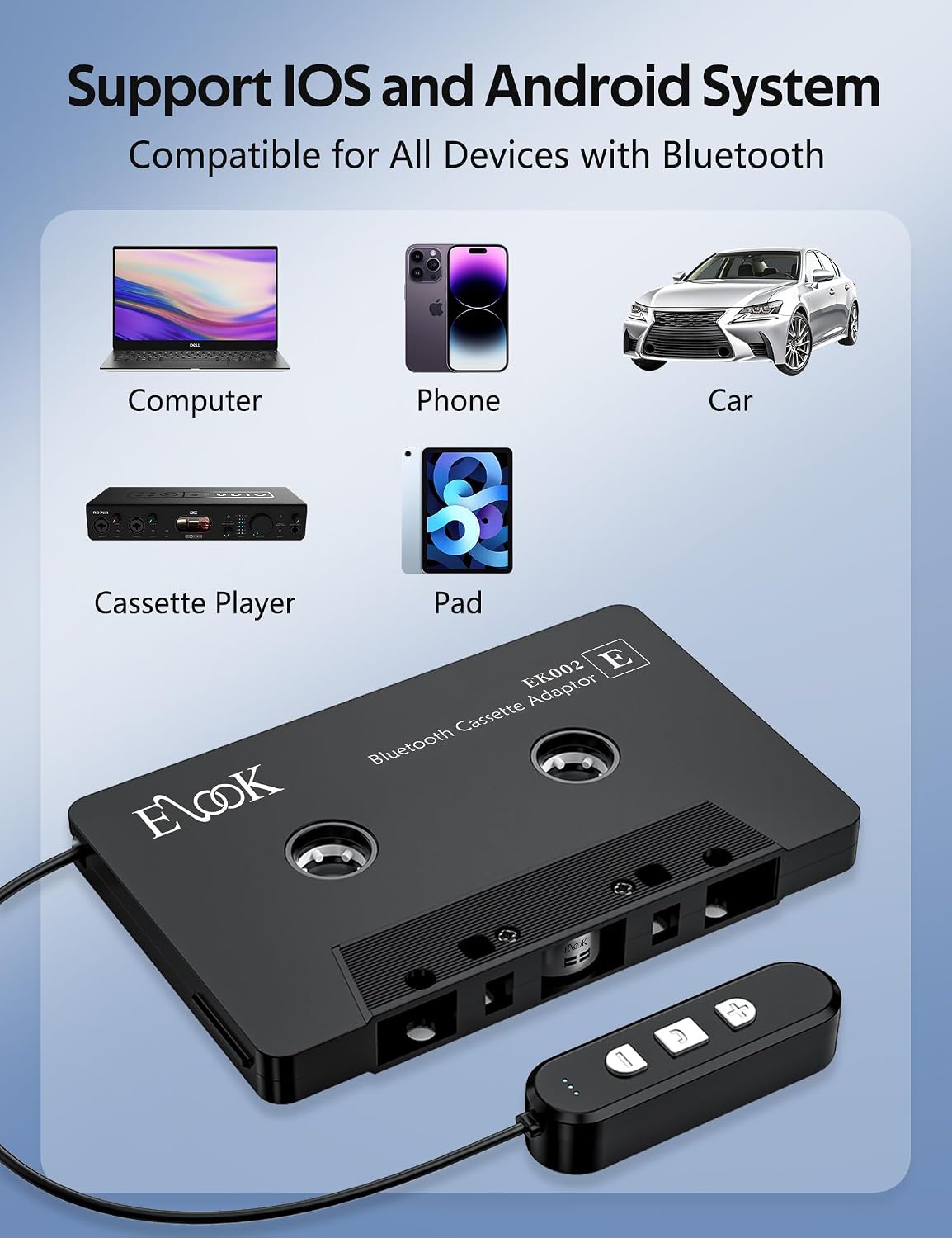 Elook Cassette to Bluetooth Adapter for Car with Micro SD Card, Black