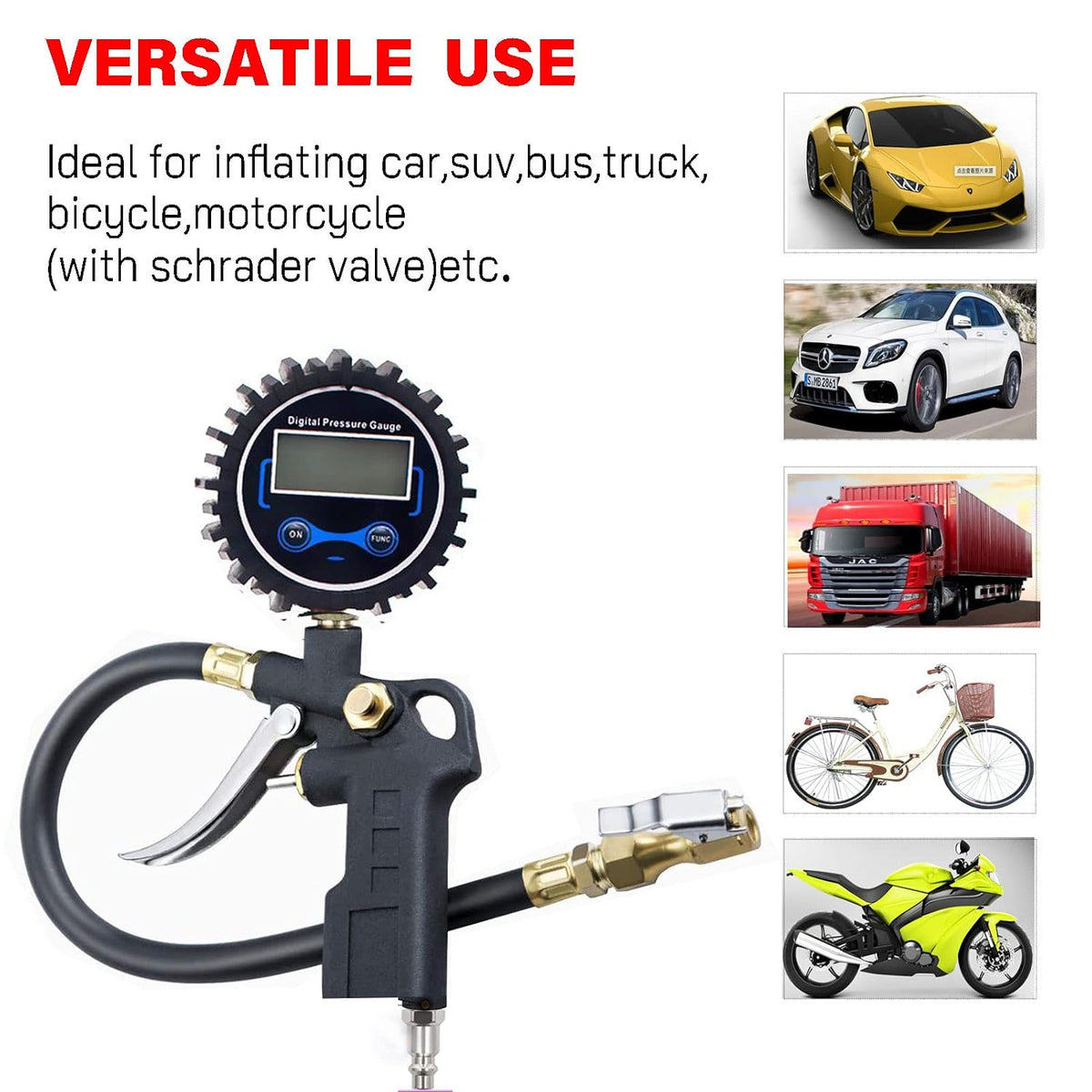 PINKJOY Digital Tire Pressure Gauge with Inflator, 250 PSI Air Chuck and Compressor Accessories Heavy Duty with Quick Connect Coupler, 0.1 Display Resolution for Car, SUV, Truck, Motorcycle, RV