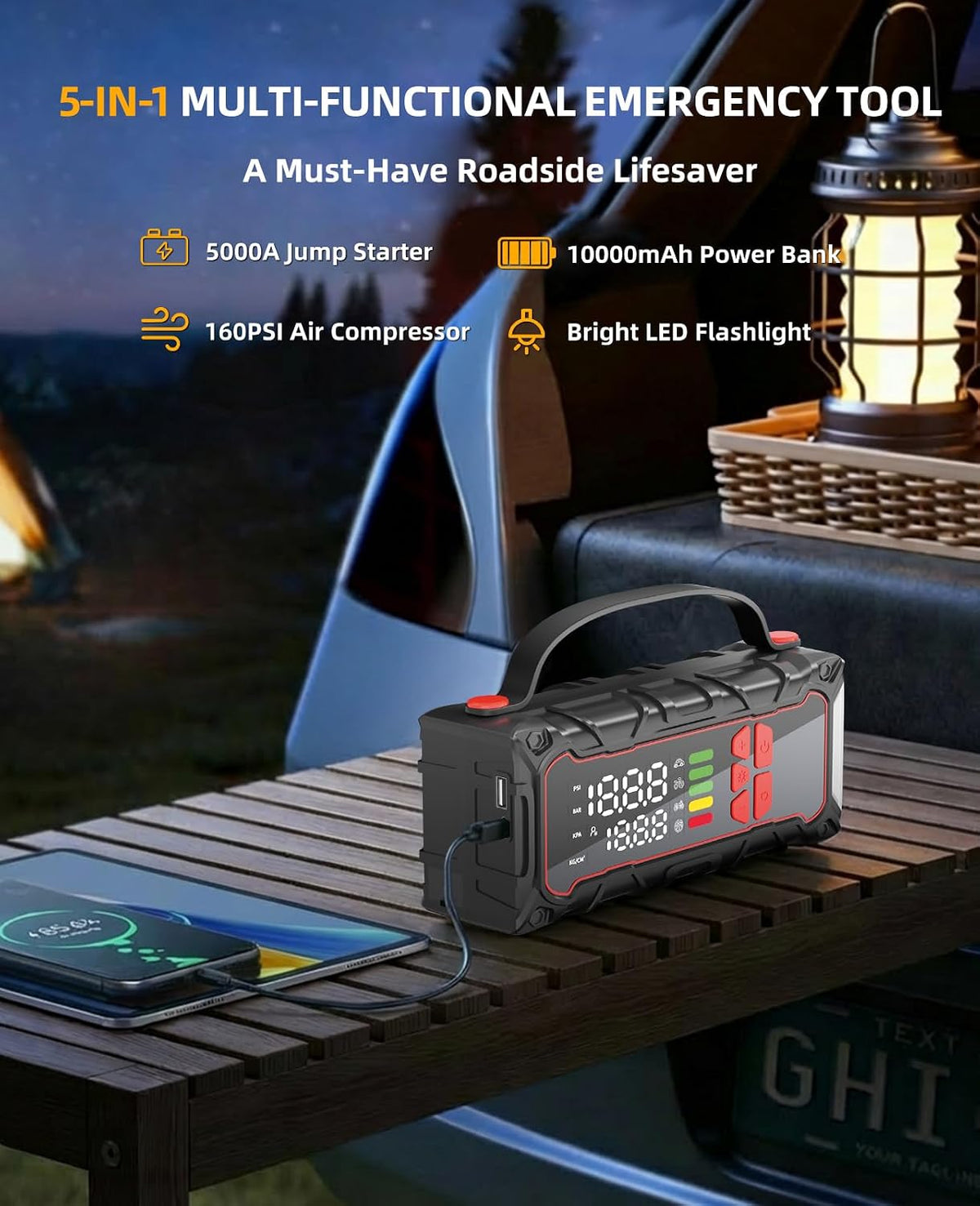 5000A Car Battery Jump Starter with Portable Tire Inflator 160PSI, Car Battery Charger 7.0L Gas/6.0L Diesel, Jump Box Power Bank& Jumper Cables for Car