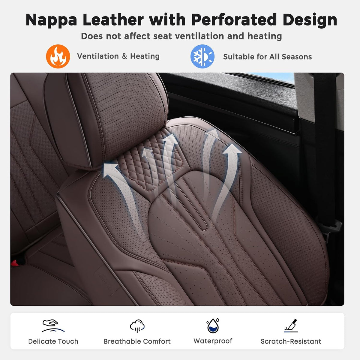 Huidasource Leather Car Seat Covers Full Set 5 Seats, Waterproof Faux Leather Front & Rear Seat Cover with Headrest, Non-Slip Automotive Seat Covers Fit for Most Cars Trucks SUV, Coffee