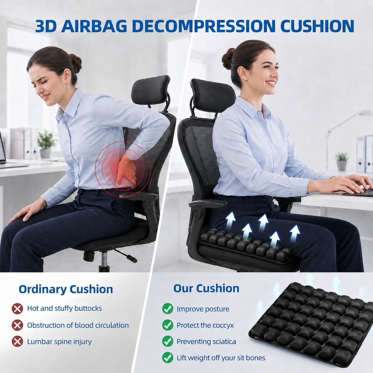 Inflatable Seat Cushion with Press-to-Inflate Design, Airplane Seat Cushion for Long Flights, Travel Cushion for Sciatica Pain Relief, Portable Cushion for Car, Office &amp; Airplane