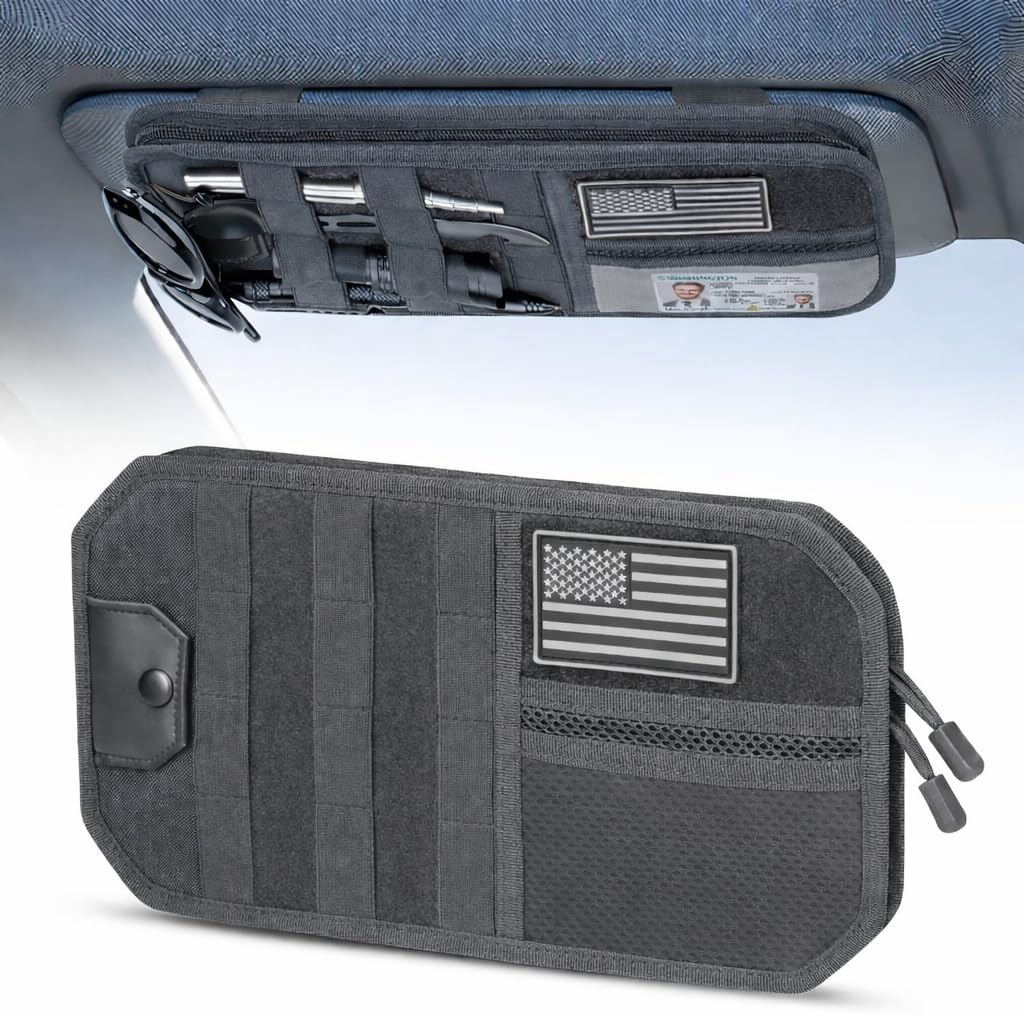 LEPHYON Molle Visor Organizer for Car, 1000D Polyester Heavy Duty Car Visor Organizer with Sunglasses Holder, Pockets, Adjustable Straps, Perfect Truck Accessories, Pickup Patrol Gear Storage (Grey)
