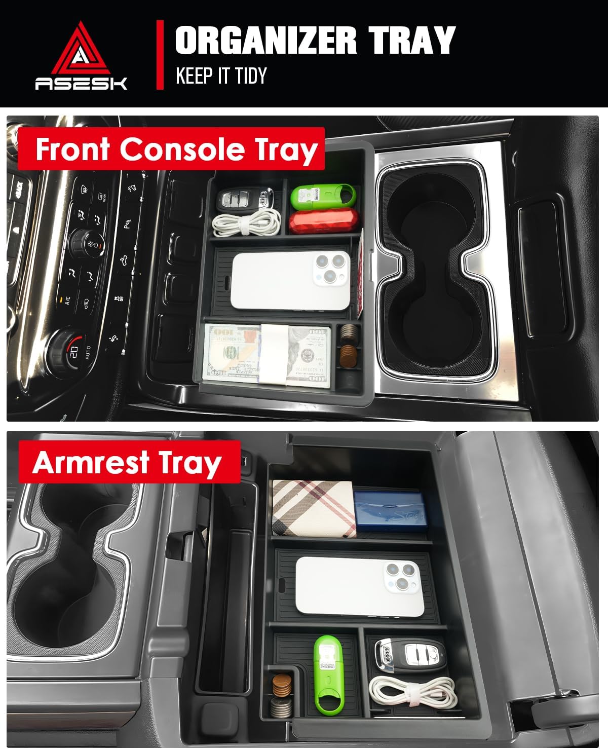 For 2014-2018 Silverado/Sierra 1500&2015-2019 Silverado&Sierra 2500HD/3500HD - Full Console w/Bucket Seats Only 2PCS Center Console Armrest Organizer Tray &Console Tray ABS Materials