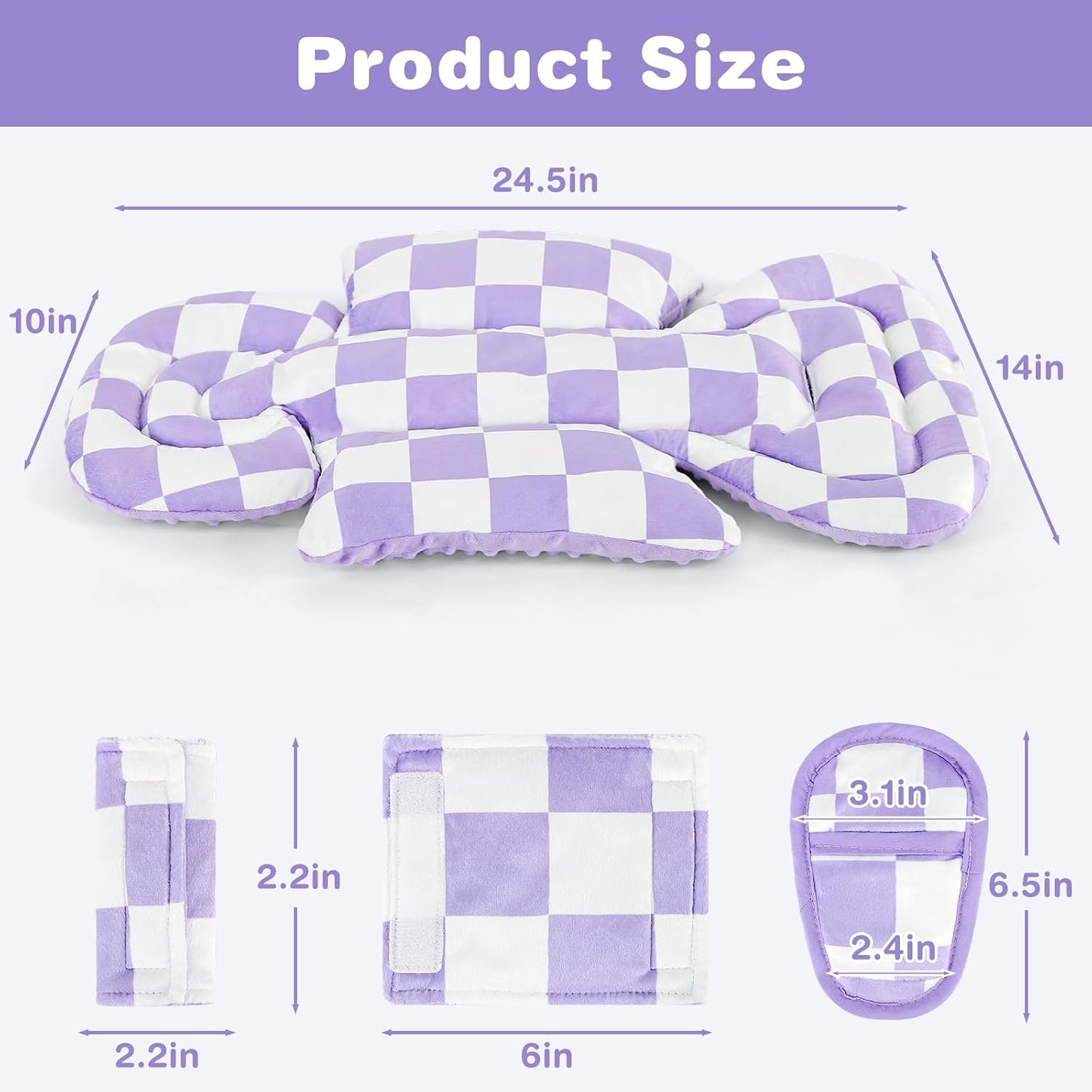 DILIMI Infant Car Seat Insert, Baby Car Seat Head Support with 3 Strap Paddings, Soft Newborn Car Seat Cushion for Stroller, Swing, Bouncers, Purple Checkered