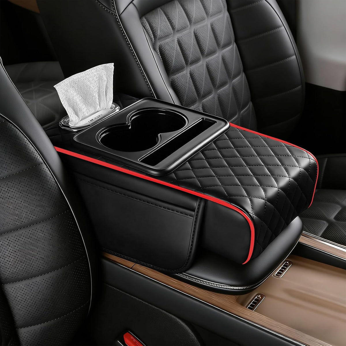Leather Car Armrest Cover, 5-in-1 Console Cushion with Storage & Cup Holder