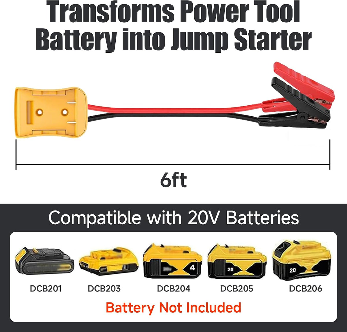 Adapter 20v with 6ft Jumper Cable Clamps Portable car Jump Starter for dewalt Jumper Power wheelscharger for dewalt Power Wheels Adapter