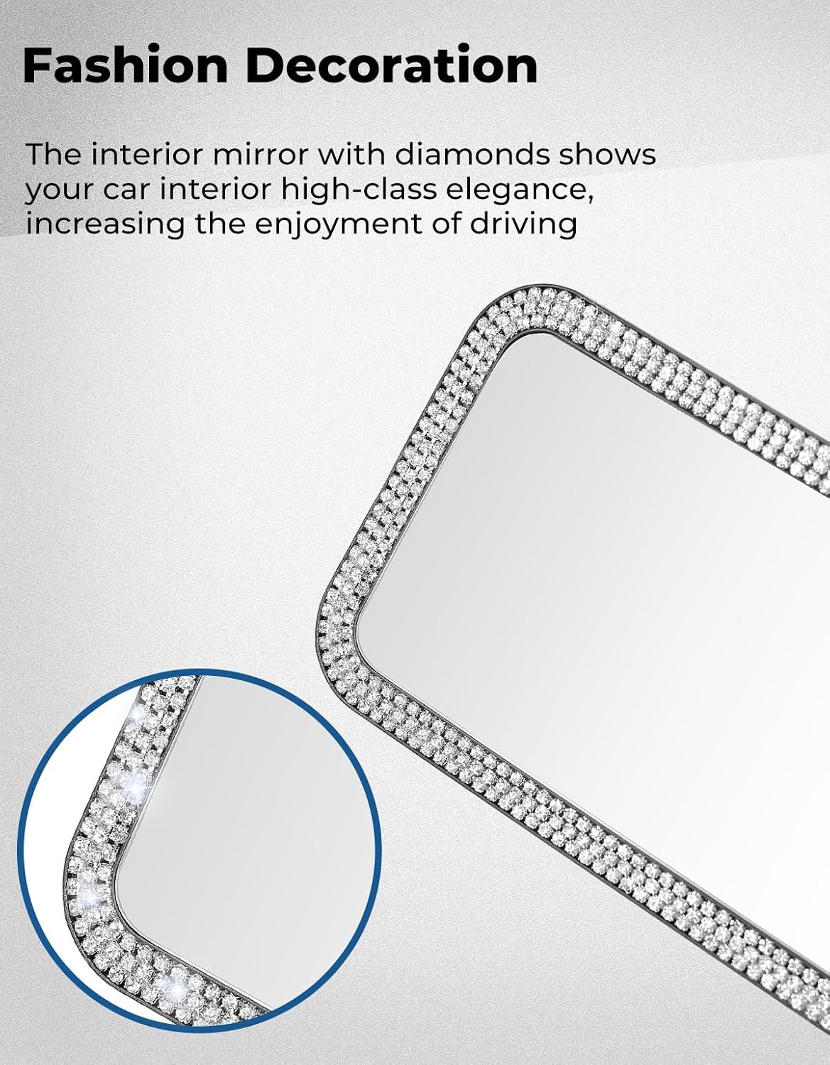 JOYTUTUS Rear View Mirror, Universal 12 Inch Panoramic Rearview Accessories with Bling Rhinestones Crystal Diamonds Edge, Interior Clip-on Wide Angle Rear View Mirror -White